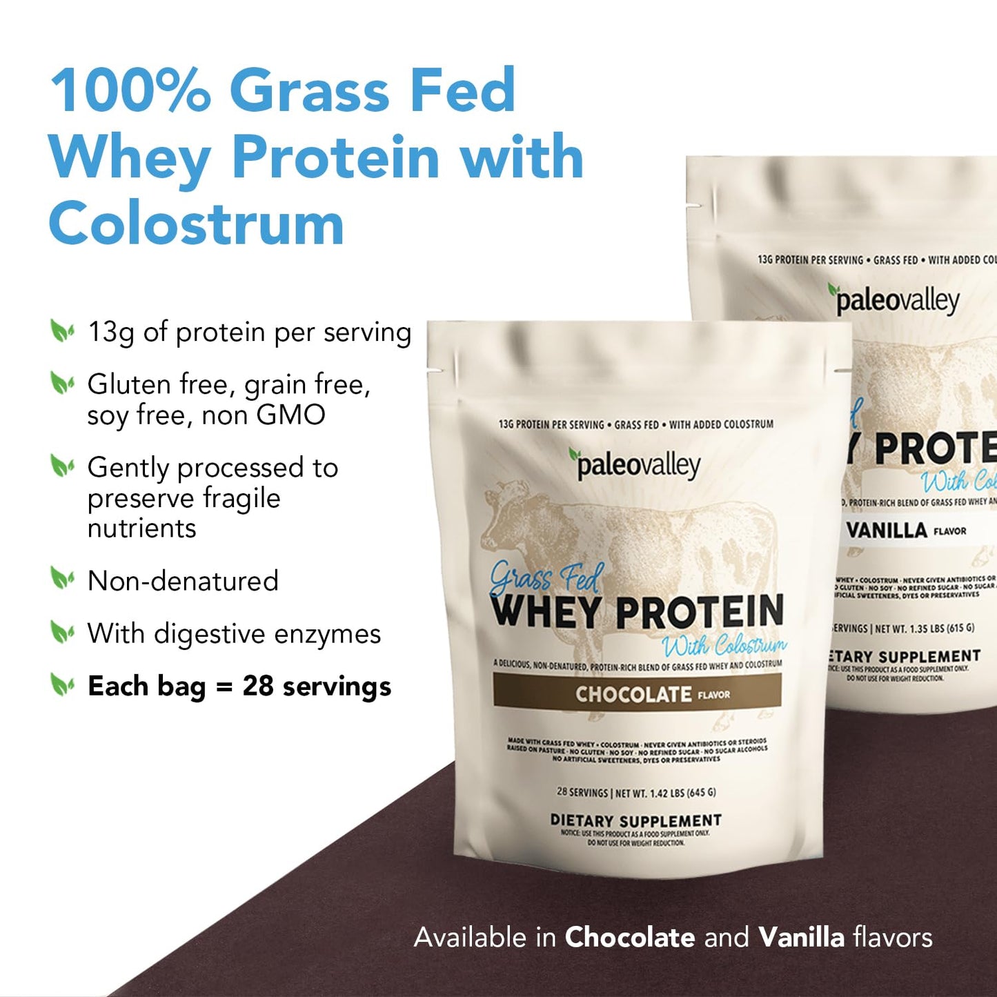 Paleovalley 100% Grassfed Whey Protein Powder with Colostrum Vanilla, 21.6 oz