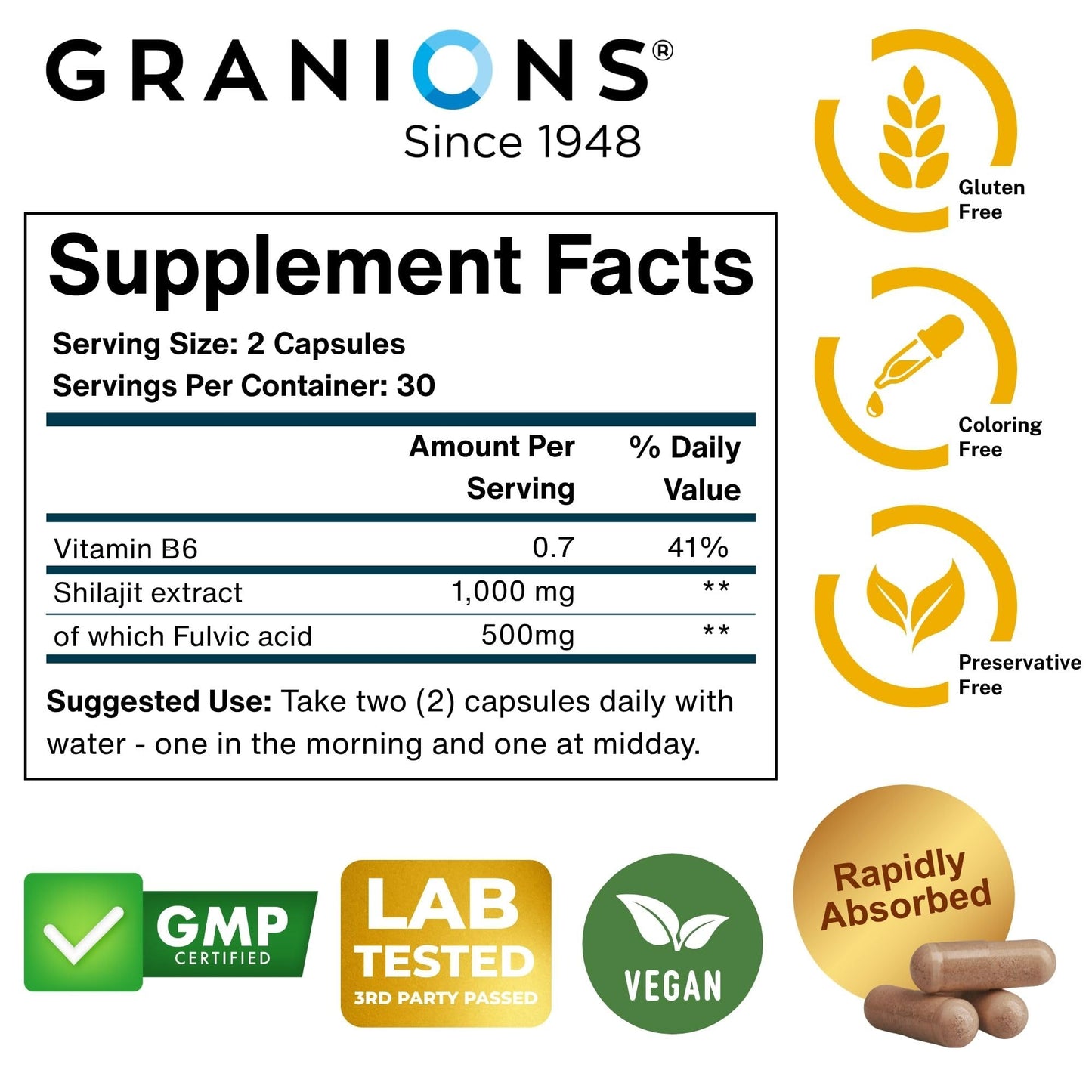 Granions Pure Shilajit for Men Capsules 60 Count