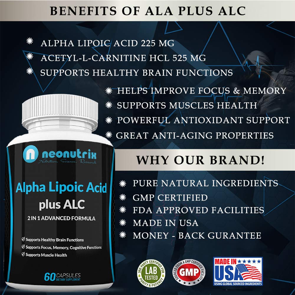 Neonutrix Nutrition, Science, Research Alpha Lipoic Acid Plus Acetyl L-Carnitine Antioxidant Supplement ALA ALC Capsule, 60 Count