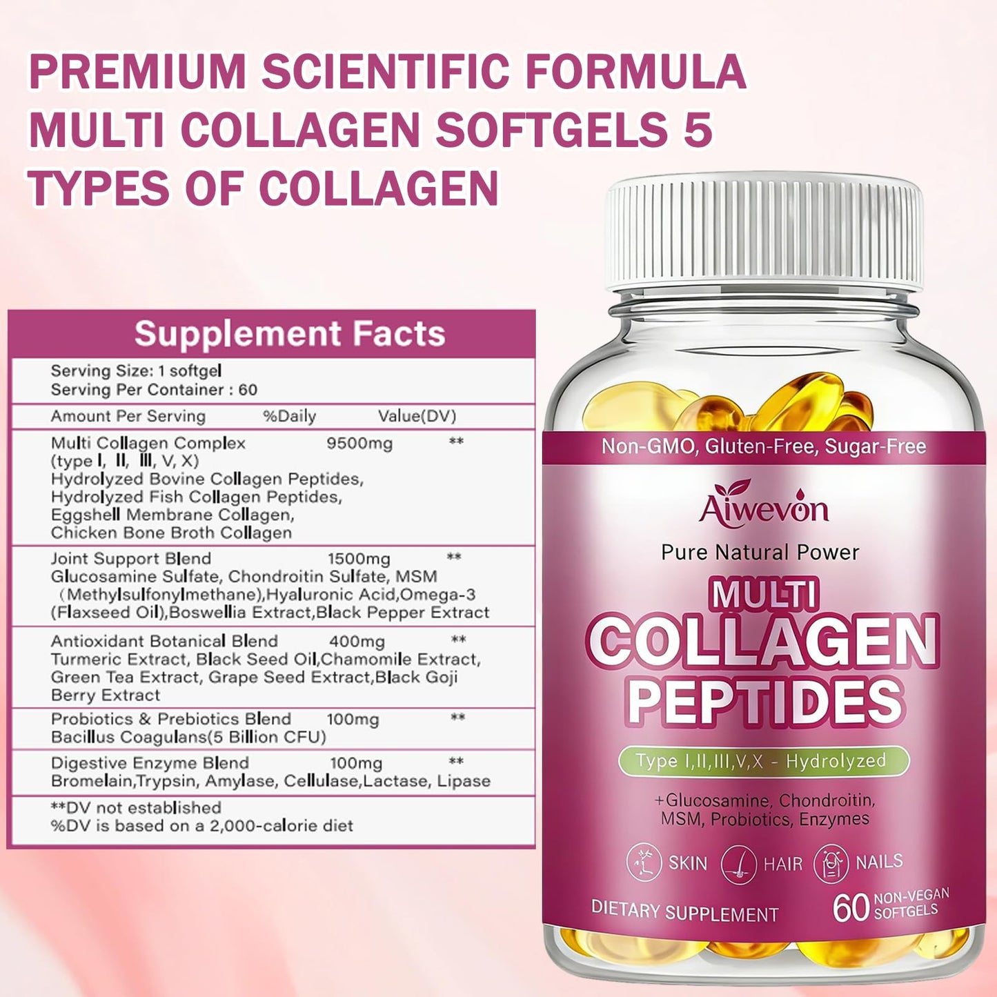 Aiwevon Multi Collagen Peptides 9500mg, 60 Capsules