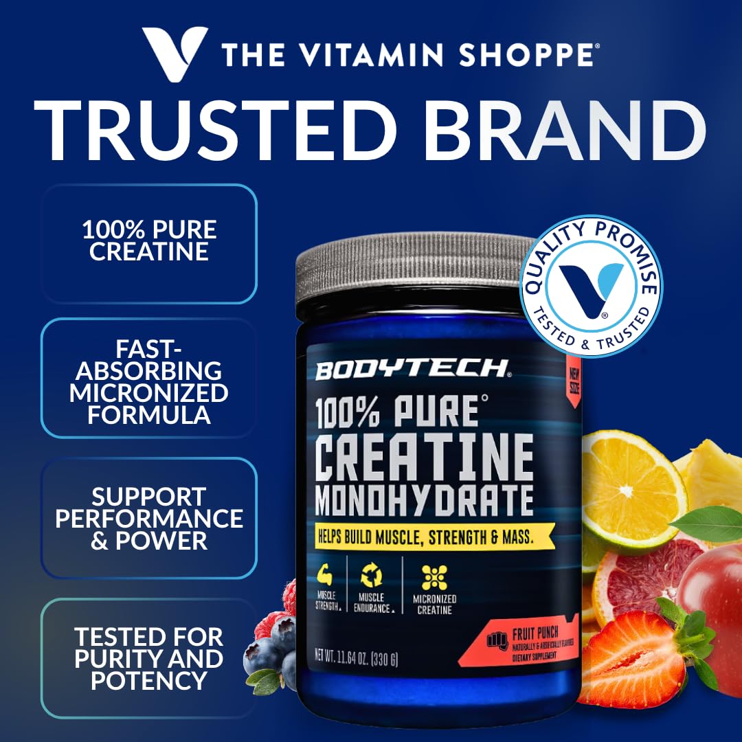 BodyTech Creatine Monohydrate Powder, Micronized, Fruit Punch, 55 Servings