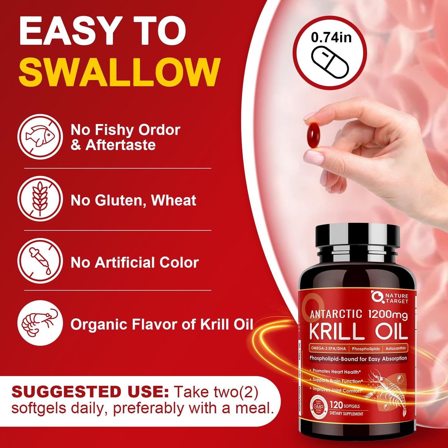 NATURE TARGET Krill Oil 1200mg with Omega-3 EPA & DHA with Astaxanthin, Phospholipids & Choline Softgels, 120 Count