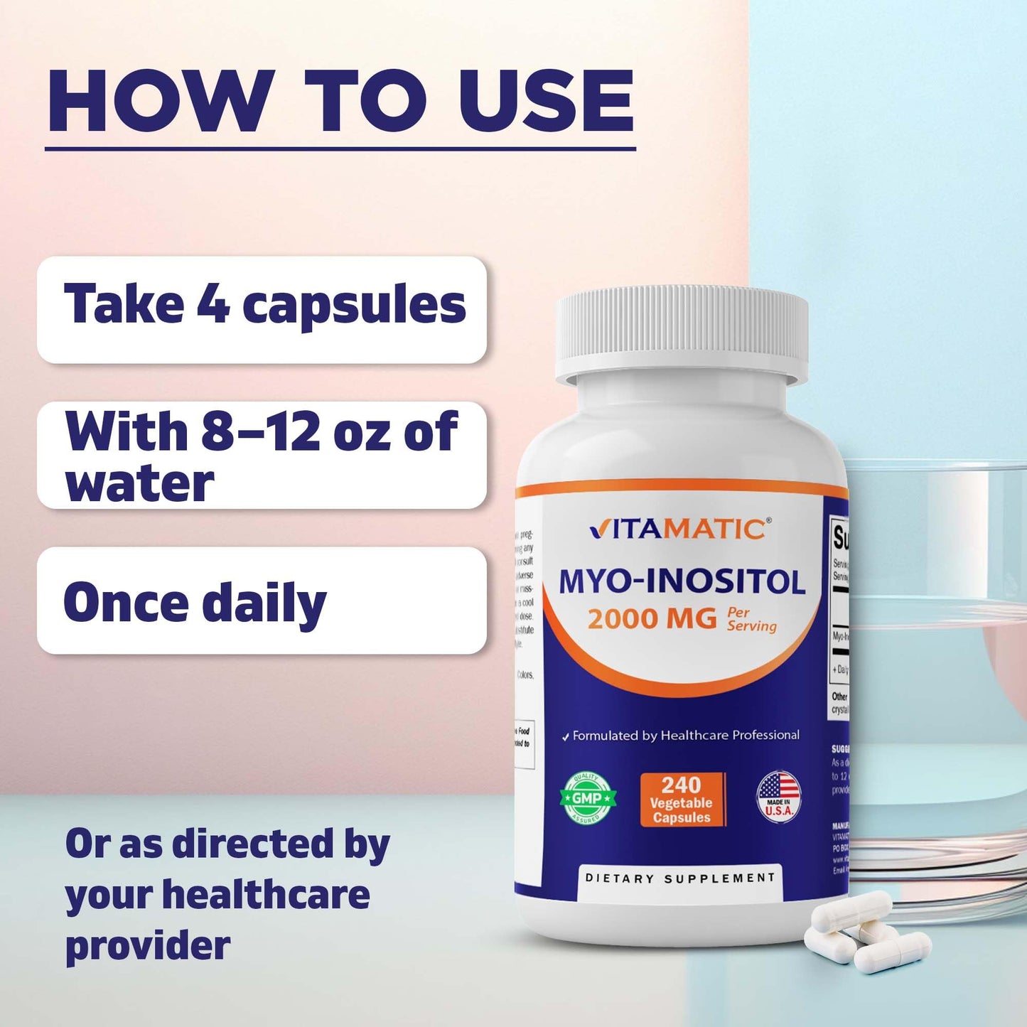 Vitamatic Myo-Inositol 2000 mg Per Serving, 240 Vegetable Capsules, Non-GMO, Gluten Free