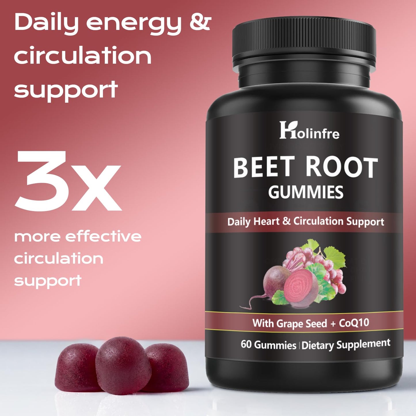 HOLINFRE Beet Root Gummies with Grape Seed & CoQ10, 60 Gummies