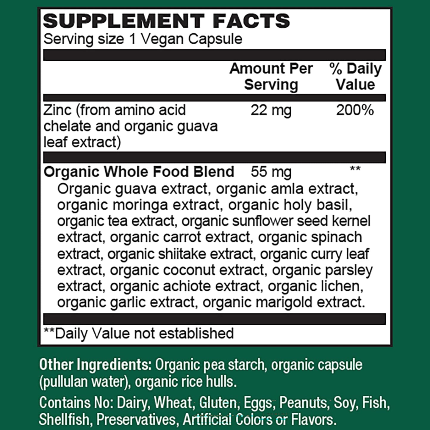 PlantFusion Vegan Zinc Supplements 22 mg Wholefood Complex, Chelated Zinc Citrate from Organic Guava Leaf for Immune Support, 60 Capsules