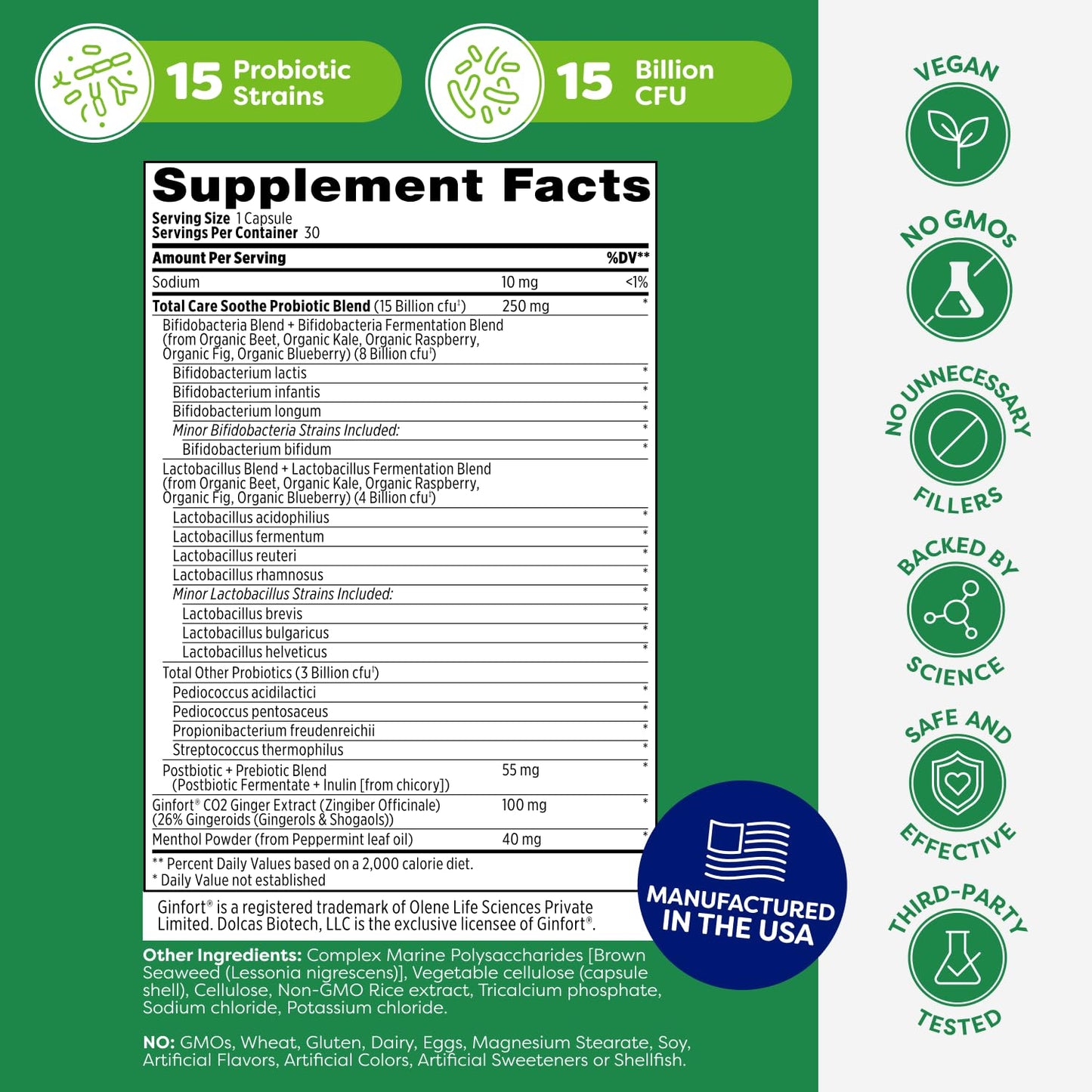 Probulin Total Care Soothe Prebiotic, Probiotic and Postbiotic + Ginger & Mint for Digestive Soothing, 30 Capsules