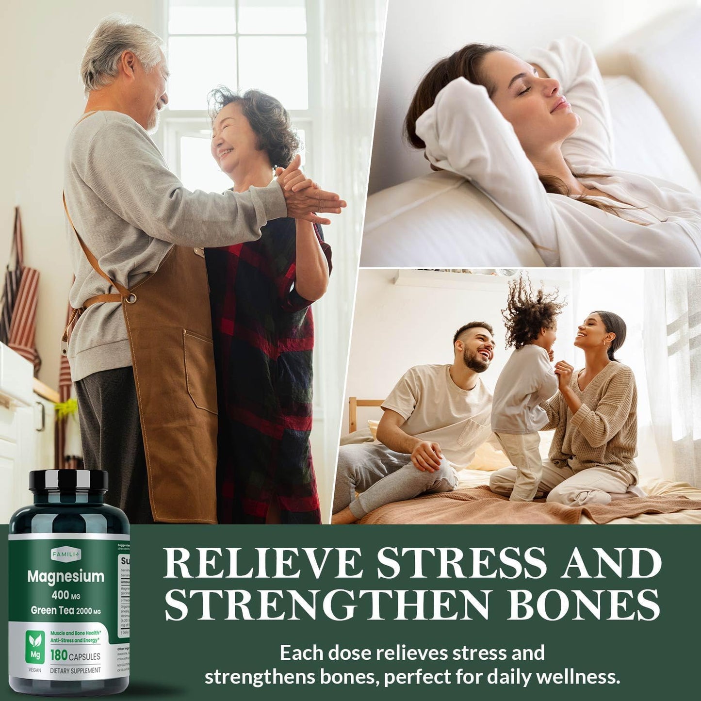 FAMILI+ Magnesium 400mg, Green Tea Supplement & L-Theanine Capsule, 180 Count