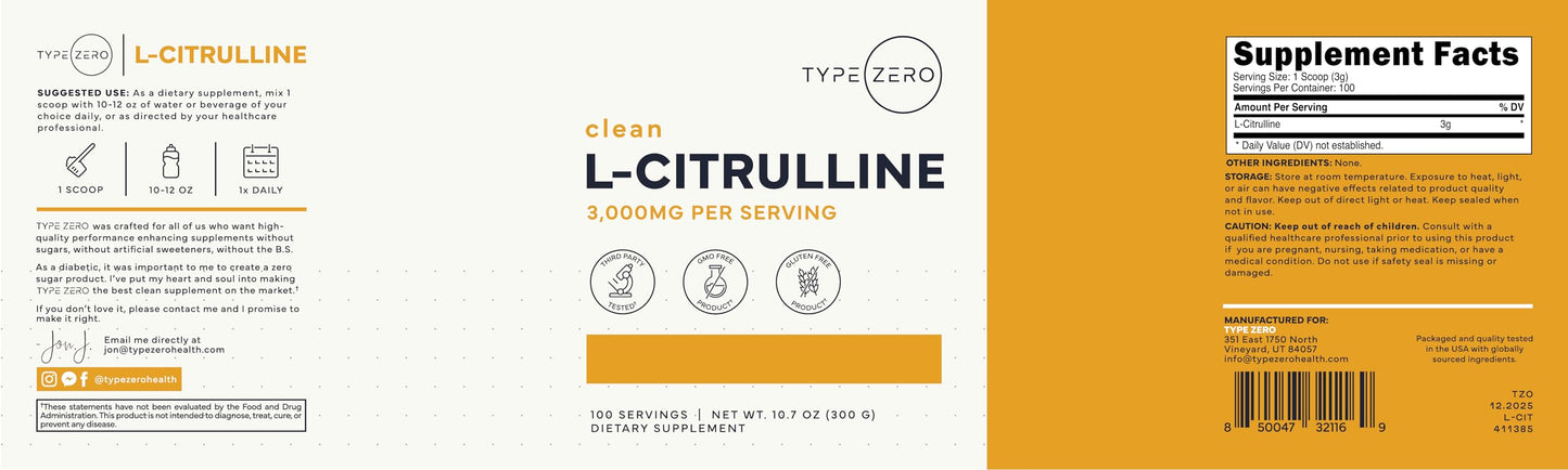Type Zero L-Citrulline Base Powder 10.6 Ounce