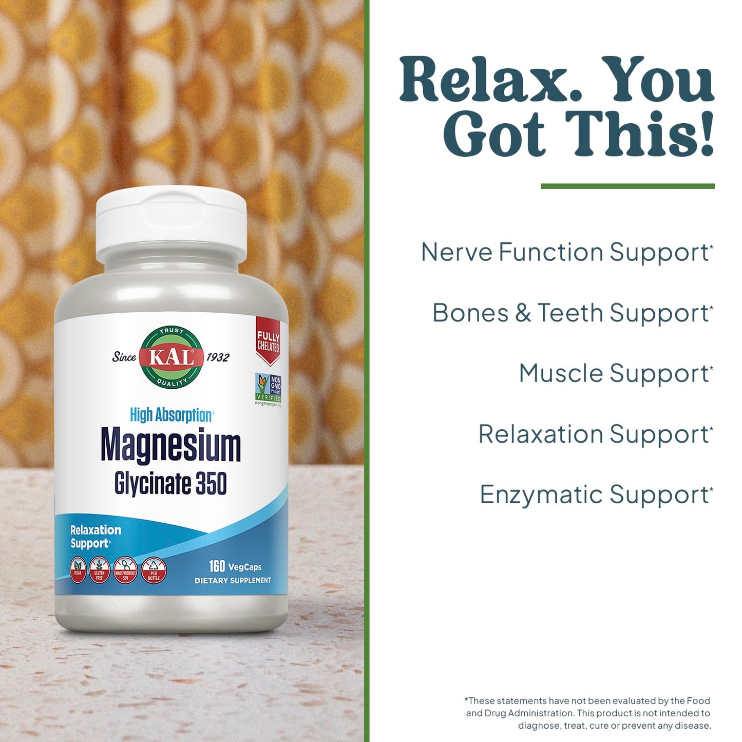 KAL Magnesium Glycinate Capsules, Fully Chelated Magnesium Bisglycinate, High Absorption Magnesium Supplement, Non-GMO, 160 Count
