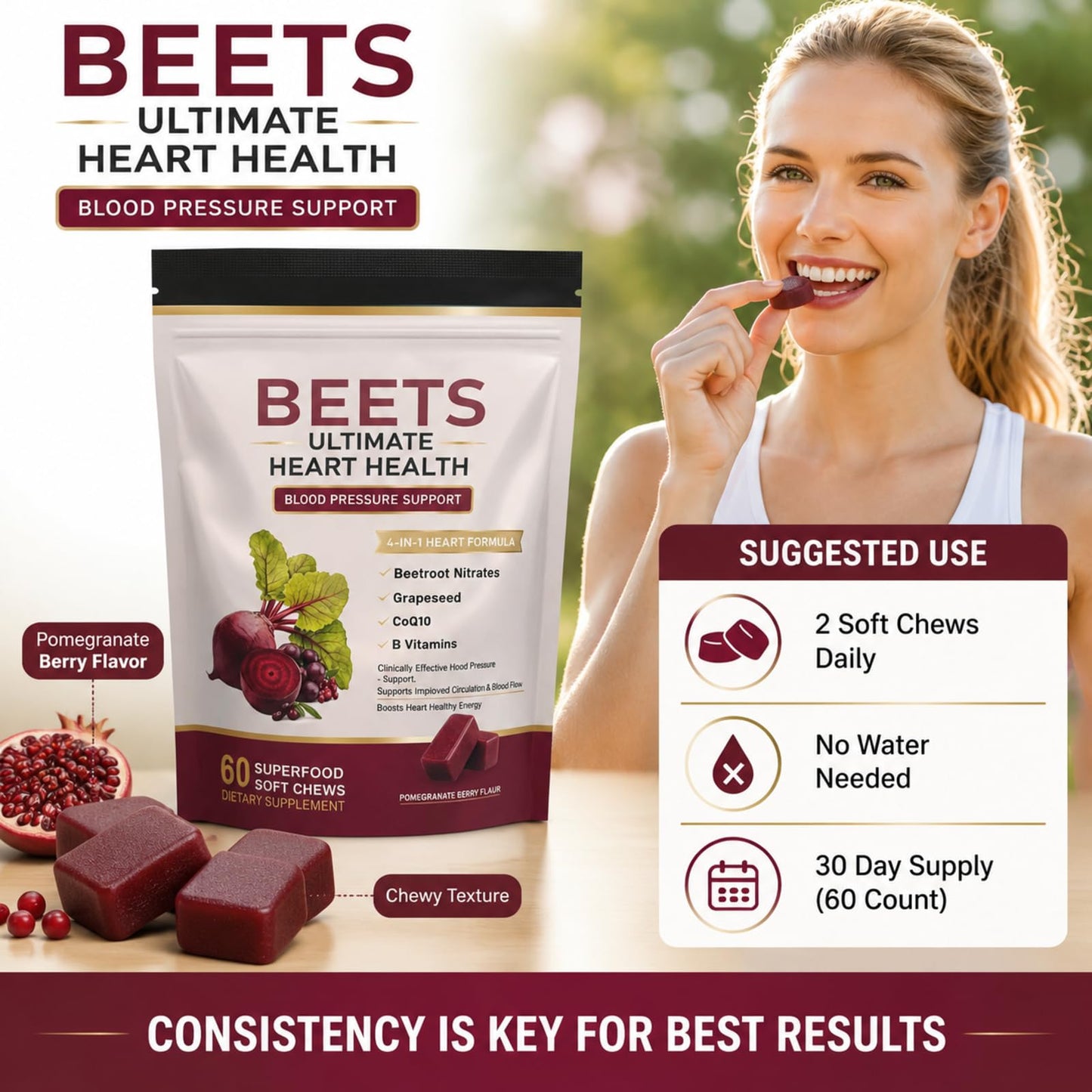 EOQIFJM Beet Chews 4-in-1 Chewable 60 Count