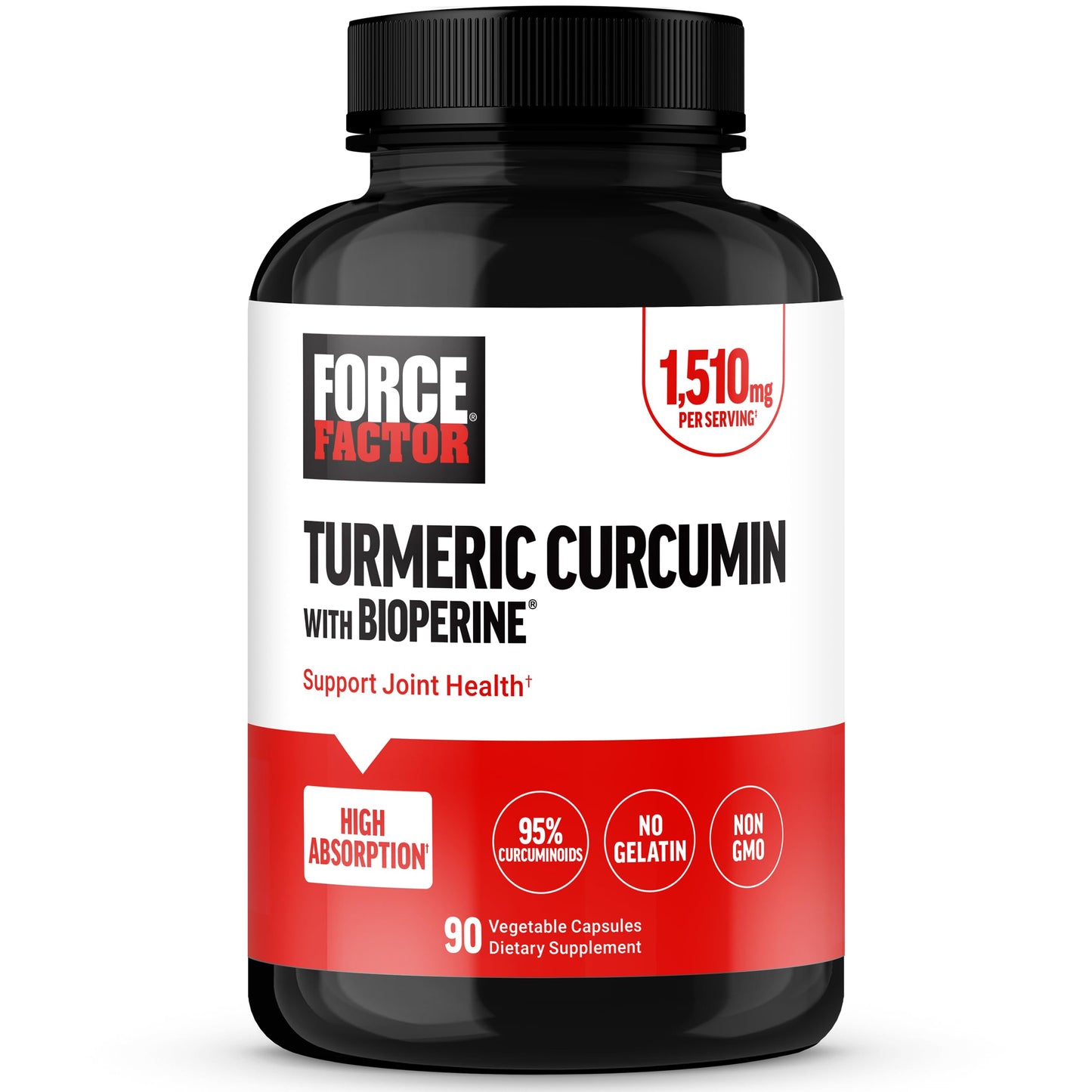 Force Factor Turmeric Curcumin Joint Support Supplement with Black Pepper, BioPerine for Enhanced Absorption, No Gelatin, Non-GMO, 90 Capsules