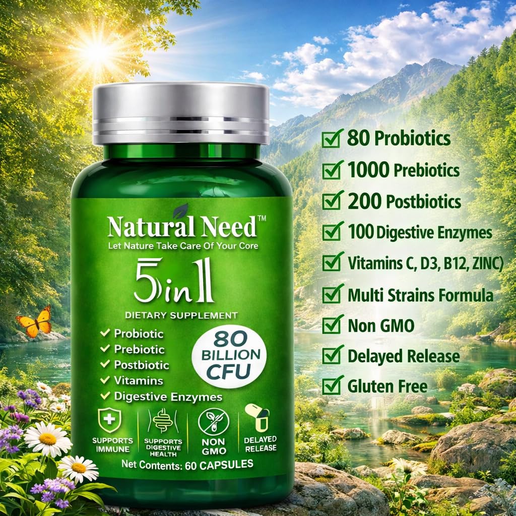 NATURAL NEED Gut Health 5-in-1 Formula with Probiotics, Prebiotics, Postbiotics, Enzymes & Vitamins Delayed Release Capsule 60 Capsules