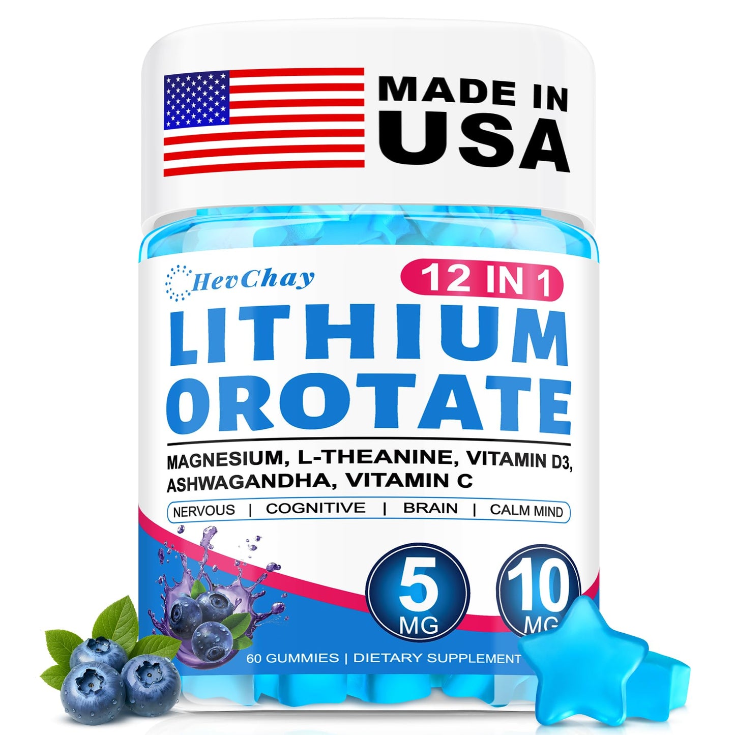 HevChay Lithium Orotate Gummies with Ashwagandha & L-Theanine, 60 Count