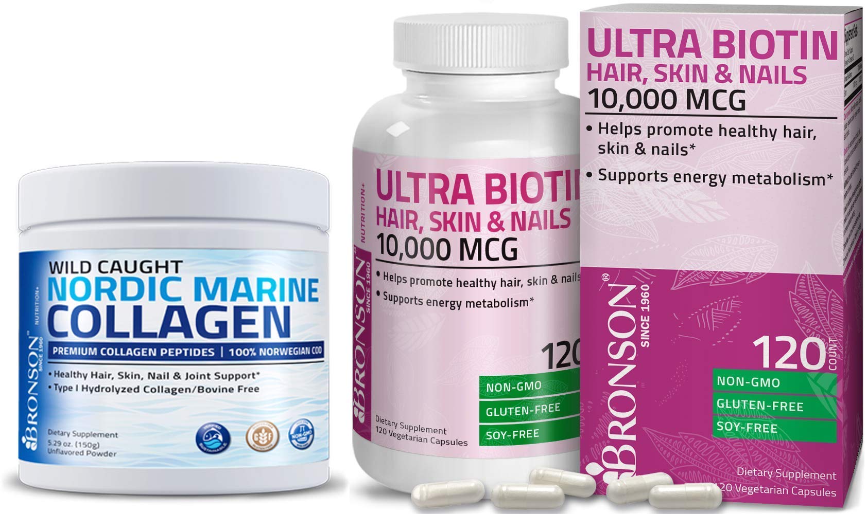 Bronson Marine Collagen Peptides Hydrolyzed Protein + Ultra Biotin 10,000 Mcg Hair Skin and Nails Supplement Powder 2