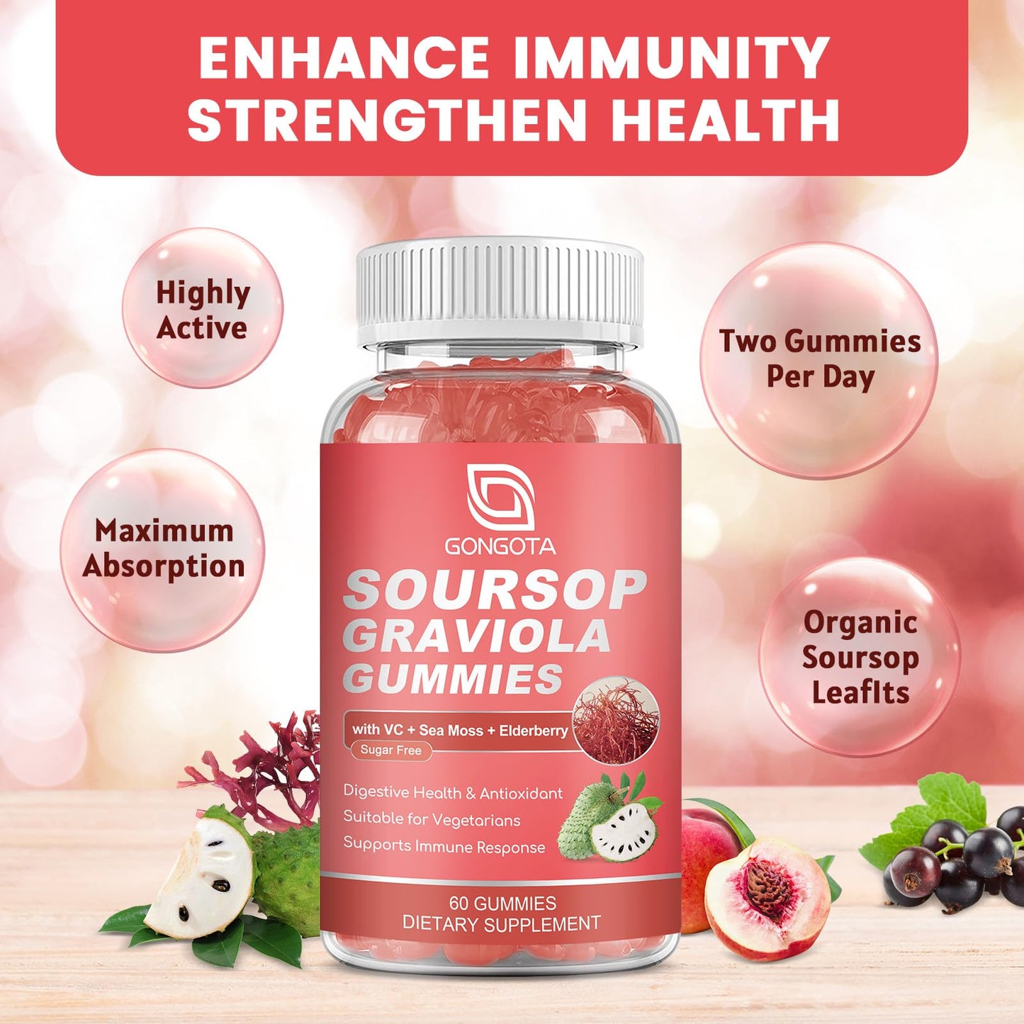 GONGOTA Soursop Graviola Gummies 2200mg Extra Soursop Leaves Extract, Elderberry & Sea Moss & Zn - Digestive, Immune, Antioxidant & Overall Health Support, Gluten Free, Vegan, 60 Gummies