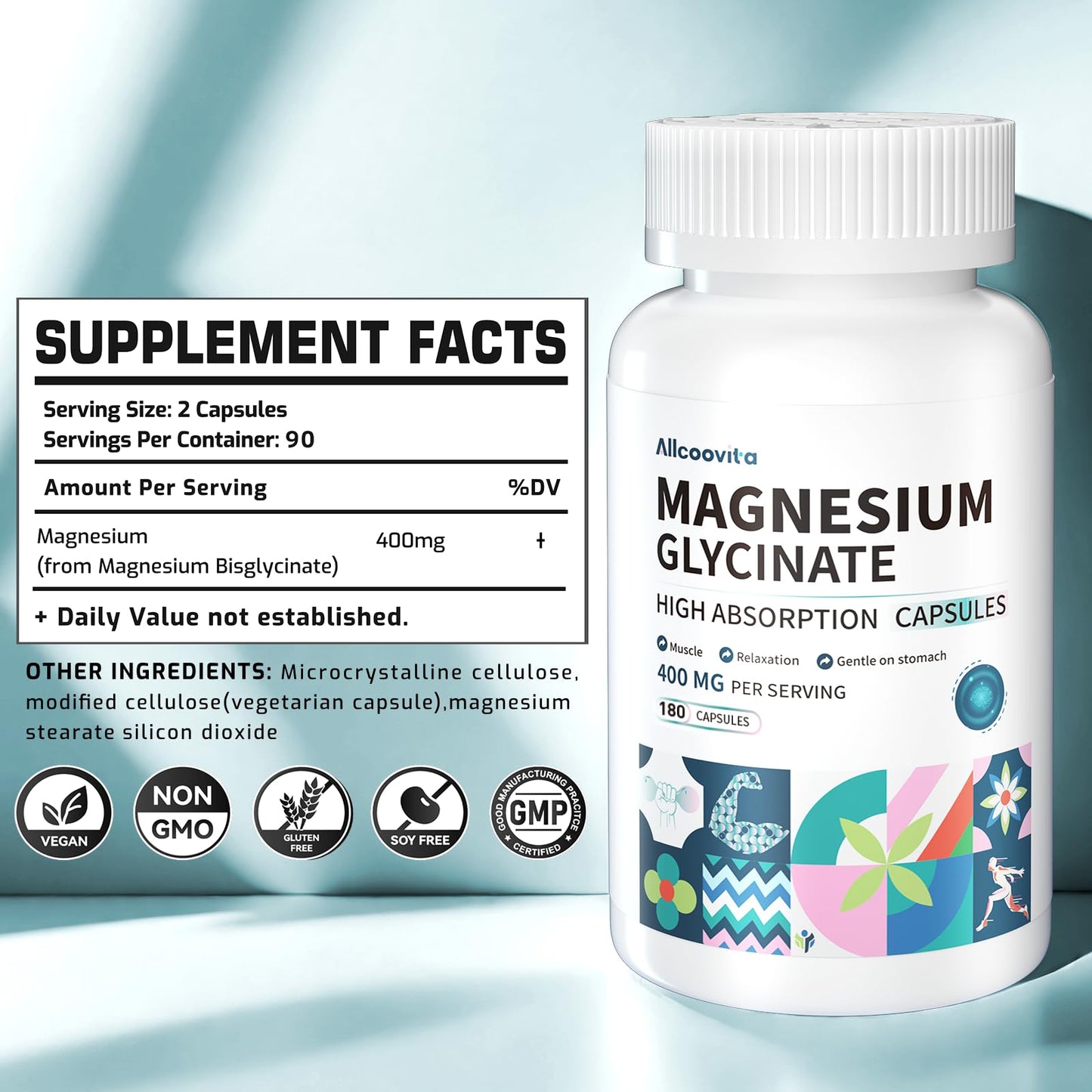 Allcoovita Magnesium Glycinate 400 mg Capsules, 180 Count