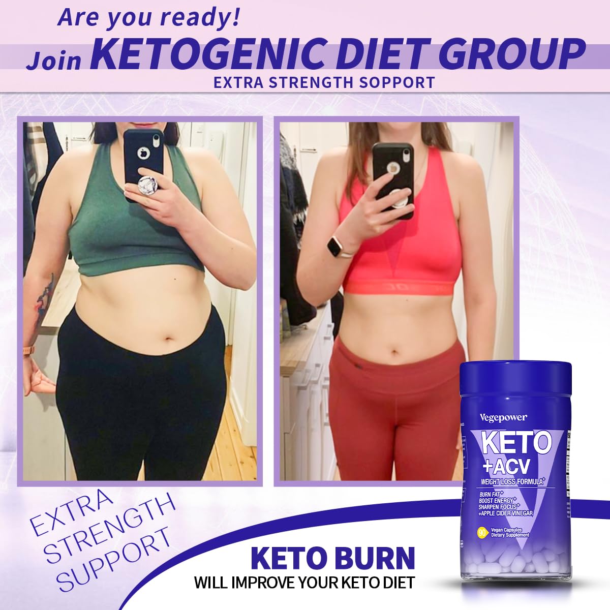VEGEPOWER Keto Pills Apple Cider Vinegar Weight Loss Fat Burner Ketosis Diet Support Boost Energy Ketones Supplement 90 Capsules