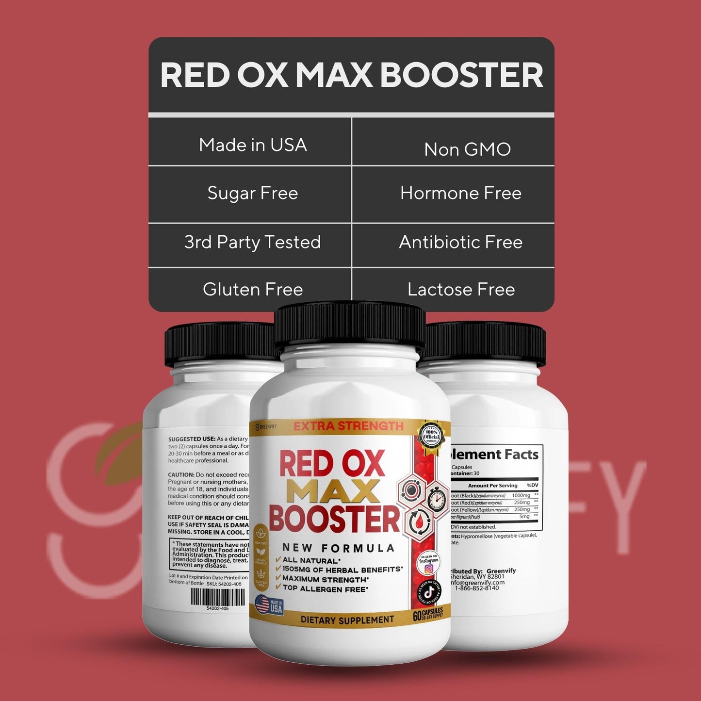 GREENVIFY Red Ox Max Booster Dietary Supplement Organic Maca Root, 60 Capsules