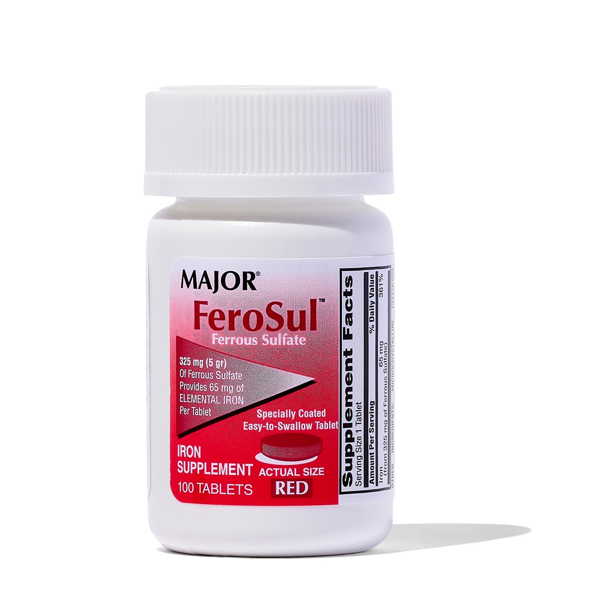 Major Ferosul Ferrous Sulfate 325mg Tablets with 65mg Elemental Iron 100 Count