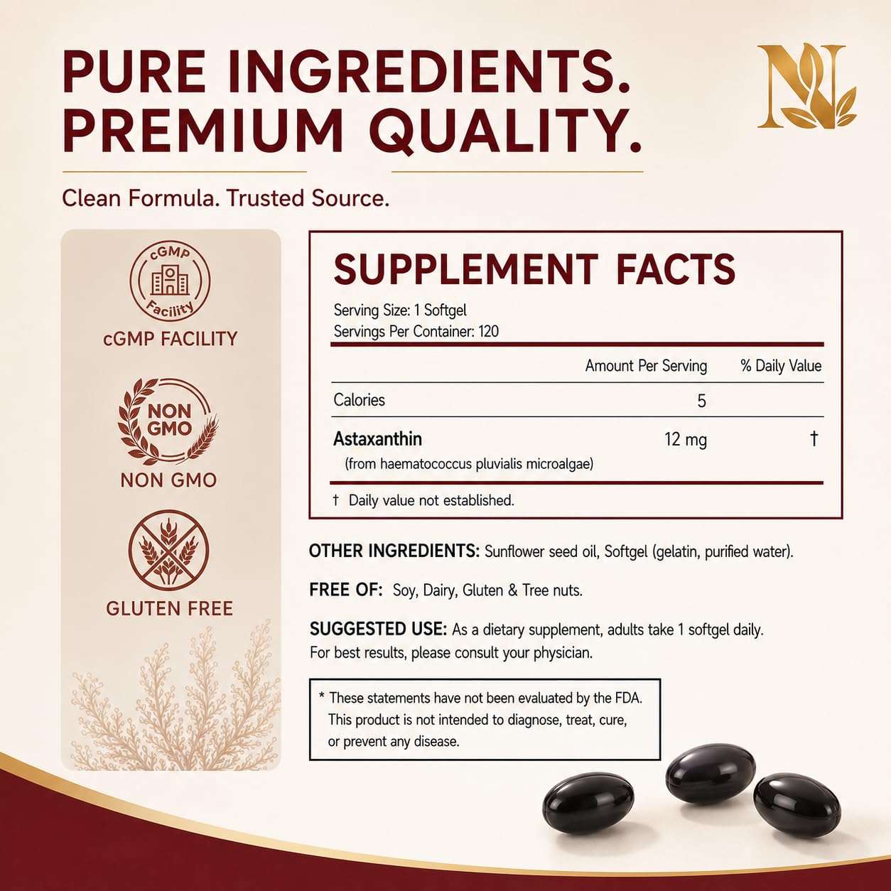 NOURIFLORIS Astaxanthin 12mg Softgels, 120 Count