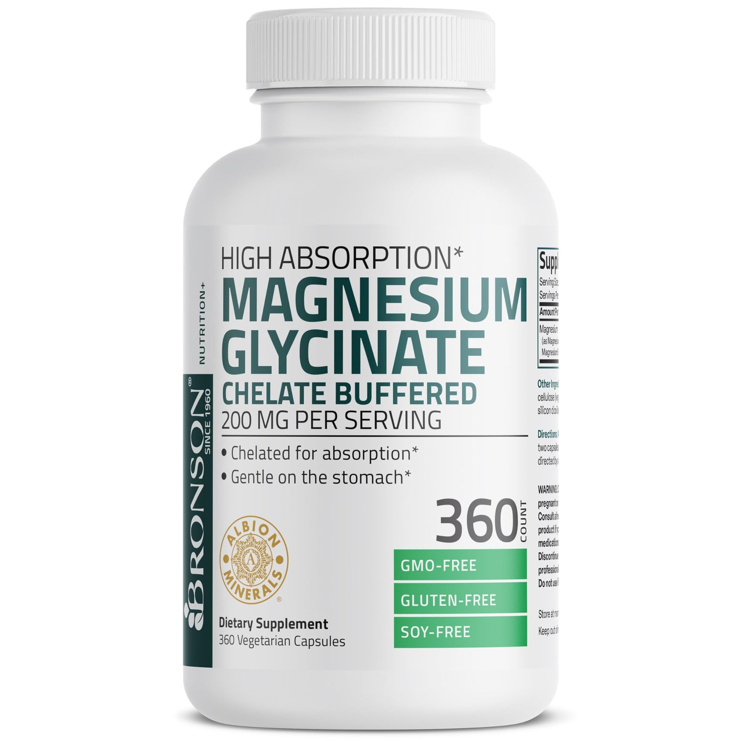 Bronson Magnesium Glycinate 200 mg per Serving, Chelated, Non-GMO, 360 Capsules