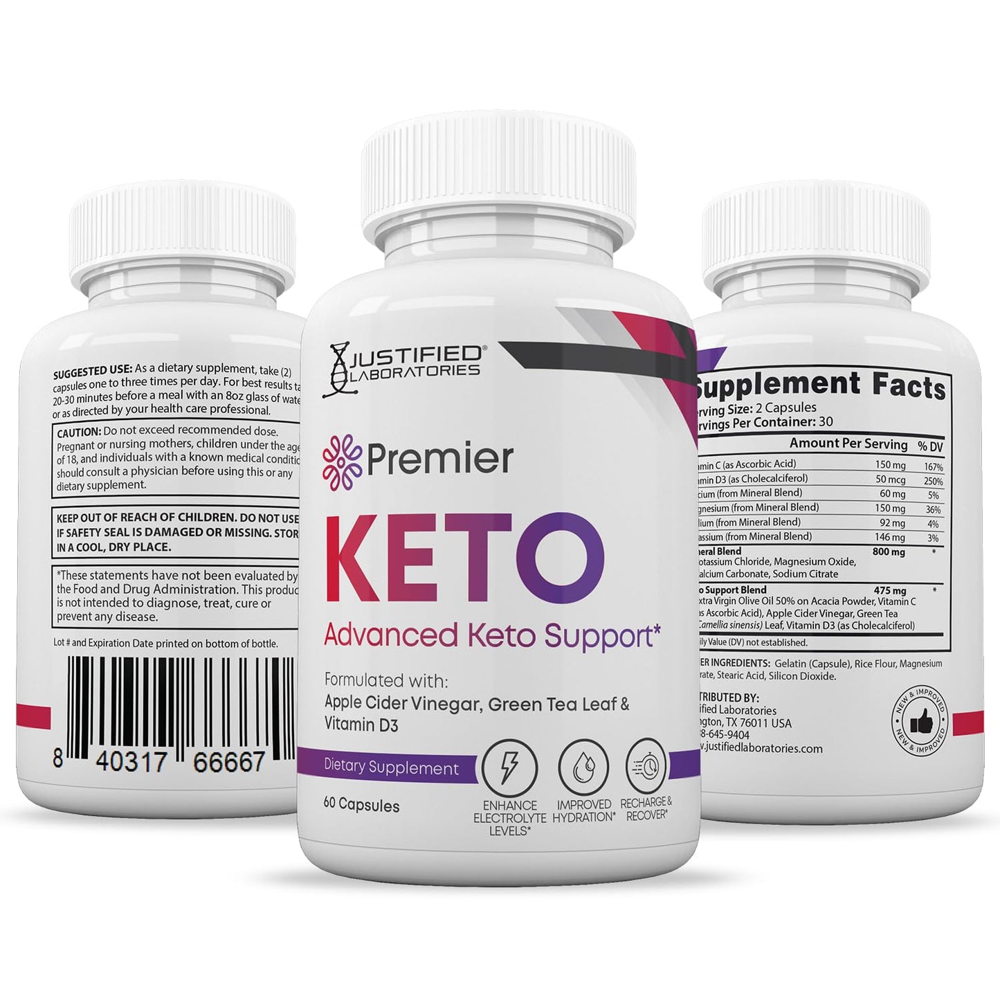 Justified Laboratories Premier Keto ACV Pills 1275MG Keto Support Blend Capsules, 180 Capsules