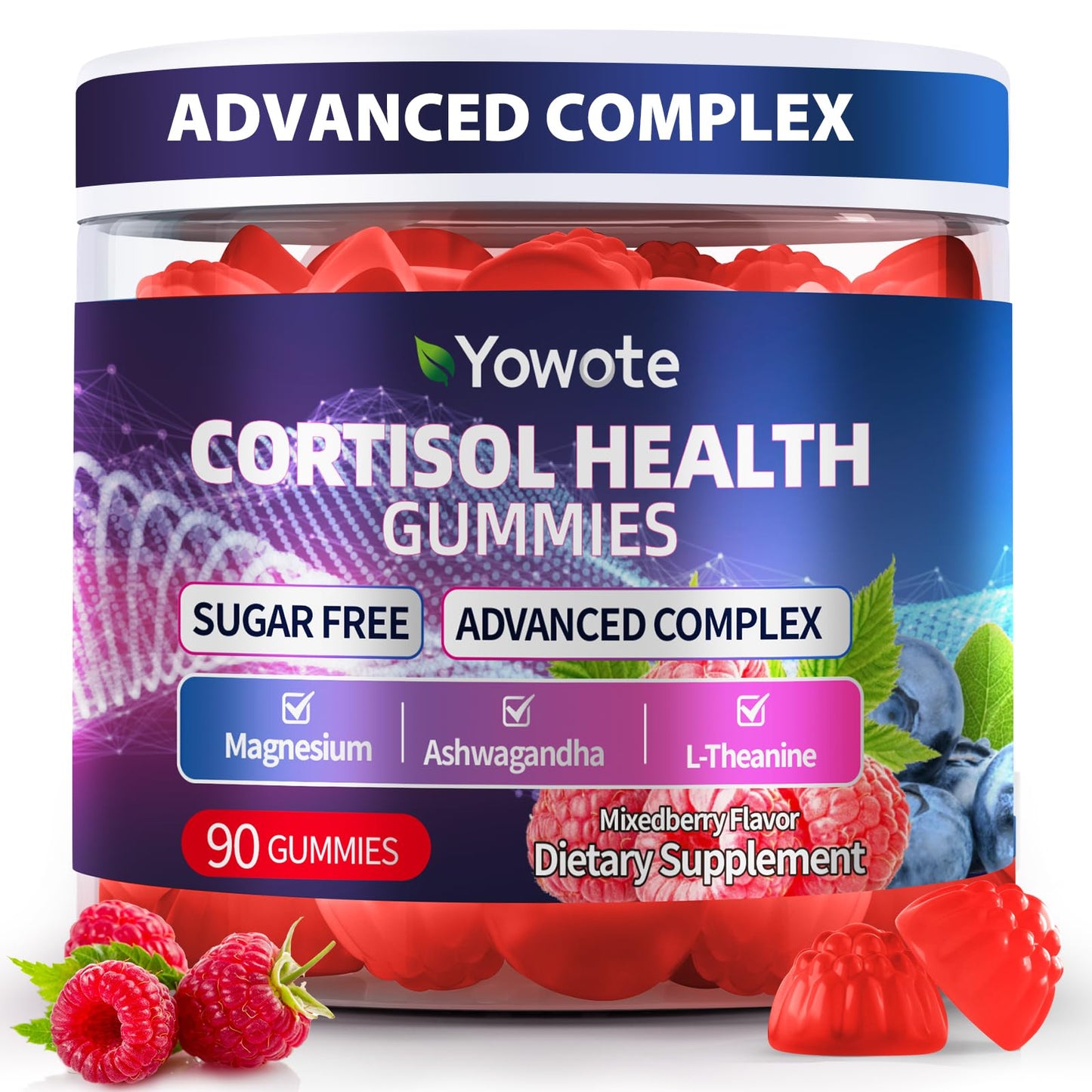 YOWOTE Cortisol Support Gummies for Men and Women with Magnesium, Ashwagandha, L-Theanine, Phosphatidylserine, 90 Count