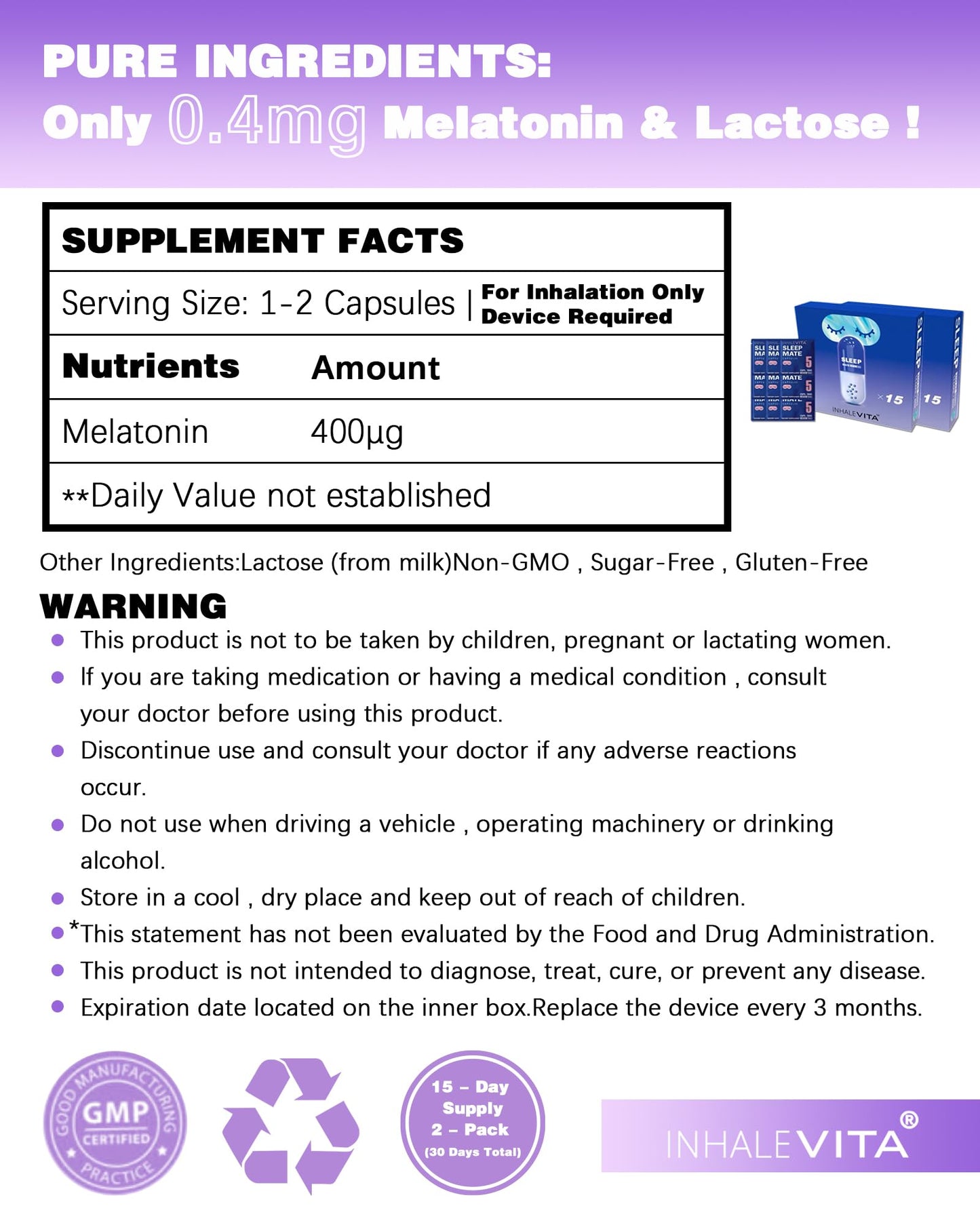 INHALEVITA Melatonin Inhaler Sleep Aid Capsules Powder 1.4 Ounce