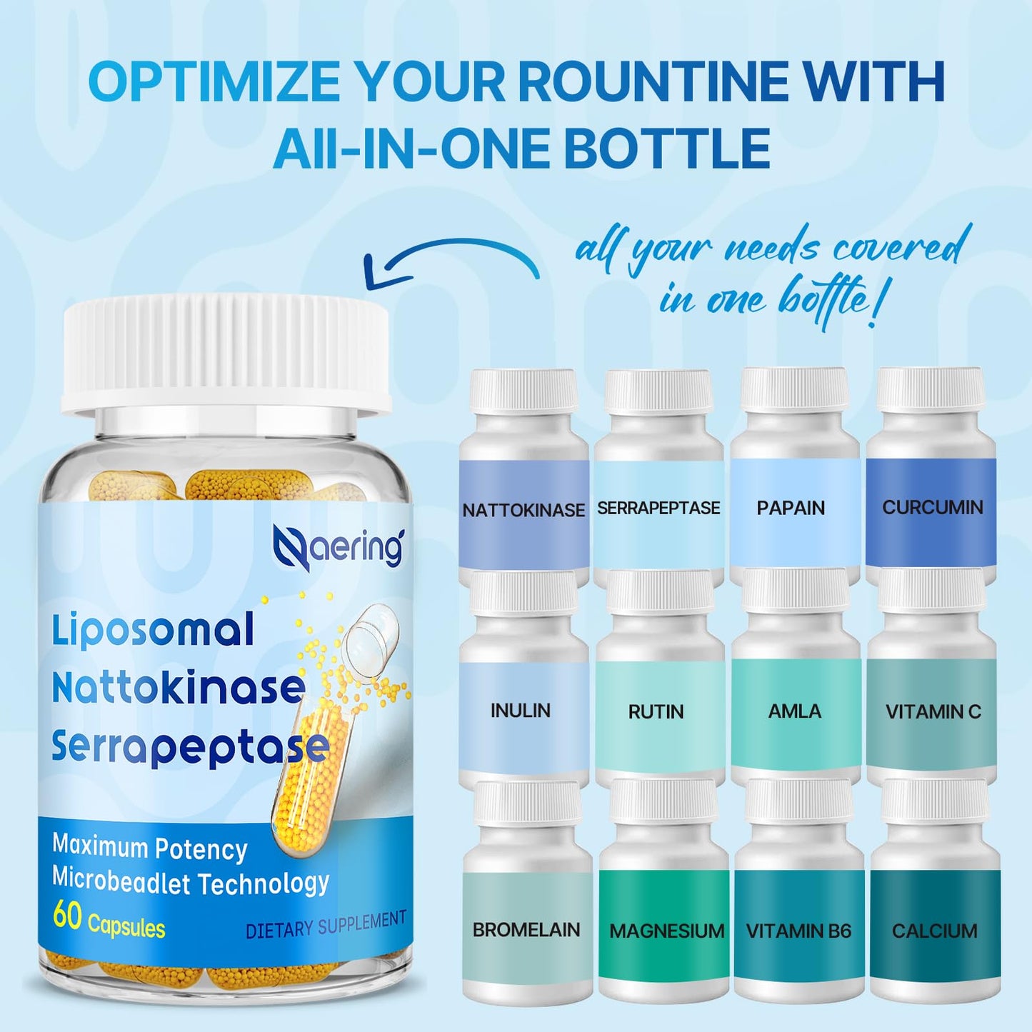 Naering Liposomal Nattokinase 12,000 FU Serrapeptase 360,000 SPU Enzyme Supplement - Enriched with Synergistic Enzymes and Nutrient Blend & Inulin for Circulatory, Gut, Digestion 60 Capsules