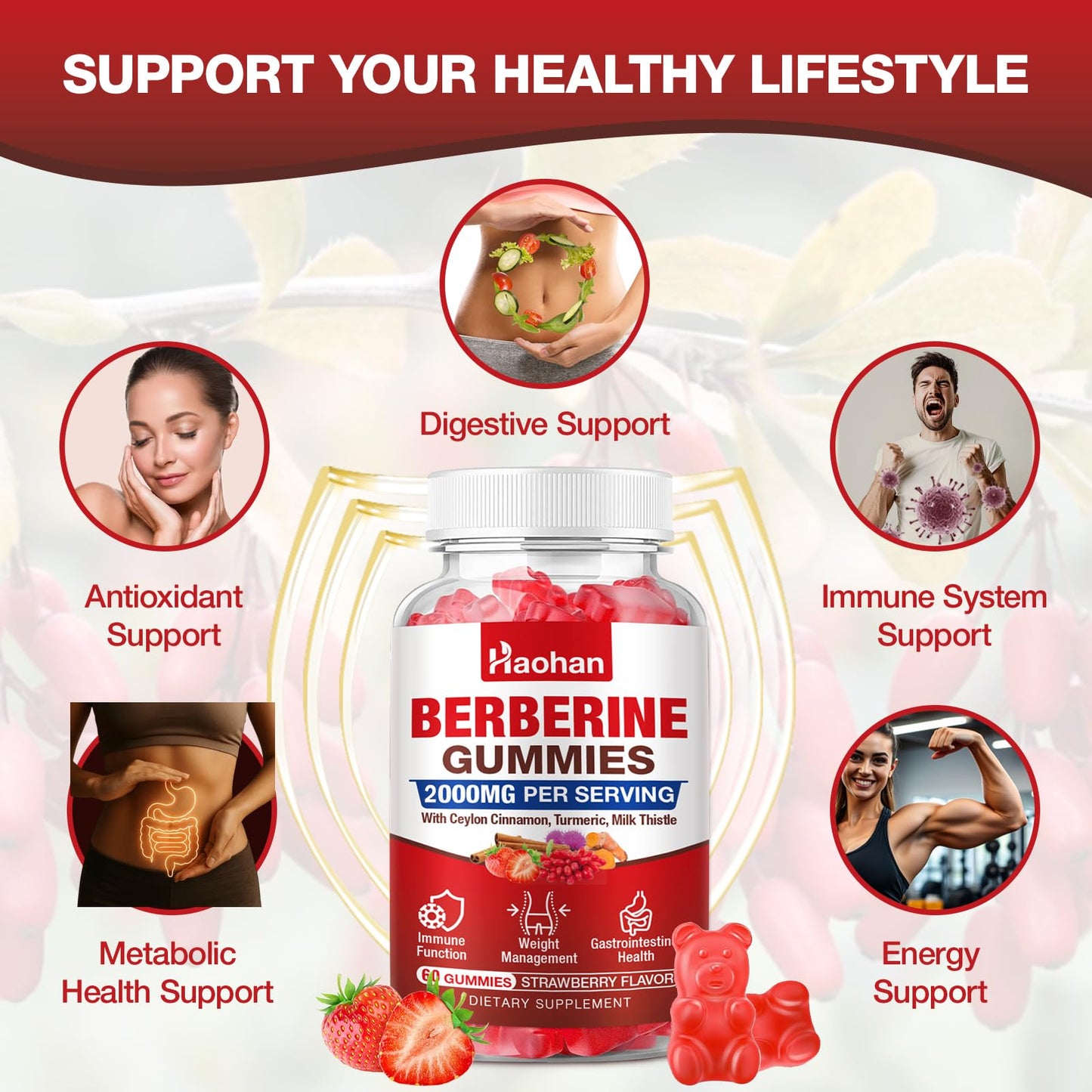 Haohan Berberine Gummies 2000mg High Potency Berberine HCl, Ceylon Cinnamon, Milk Thistle, Immune System & Metabolism Support, Vegan, Strawberry Flavor, 2 Count