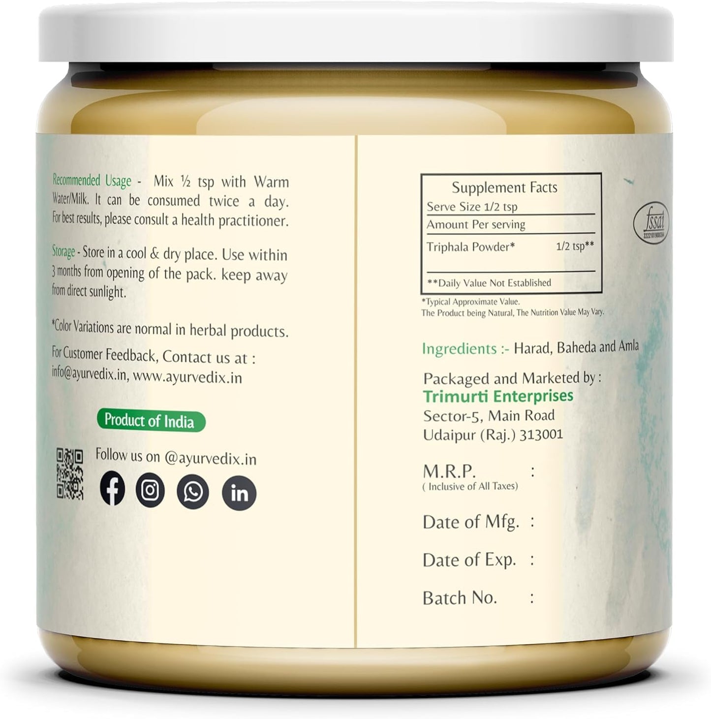Ayurvedix Triphala Powder Herbal Supplement, 10.58 oz