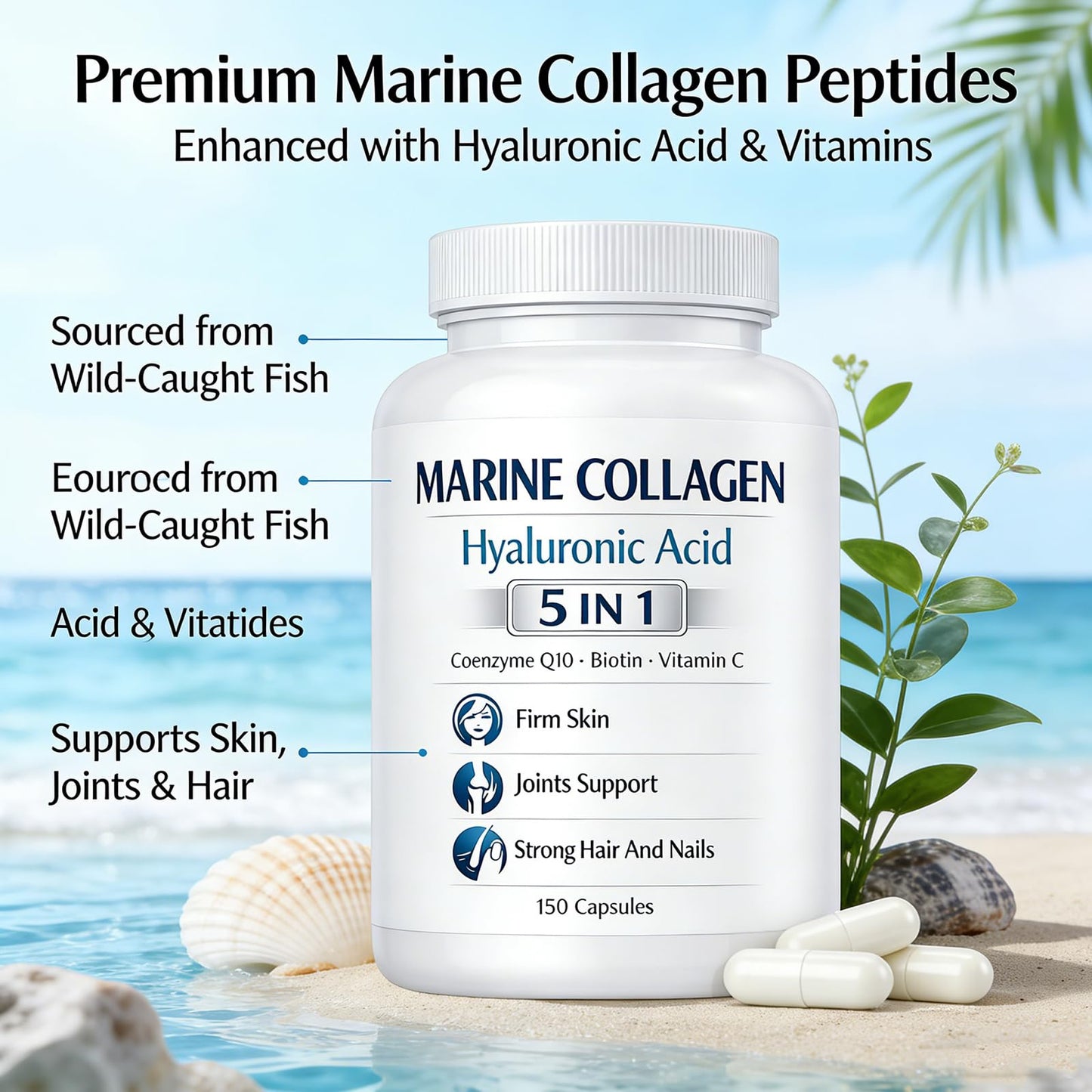 Roreiye Marine Collagen + Hyaluronic Acid 5 in 1 Premium Formula Capsules, 150 Count