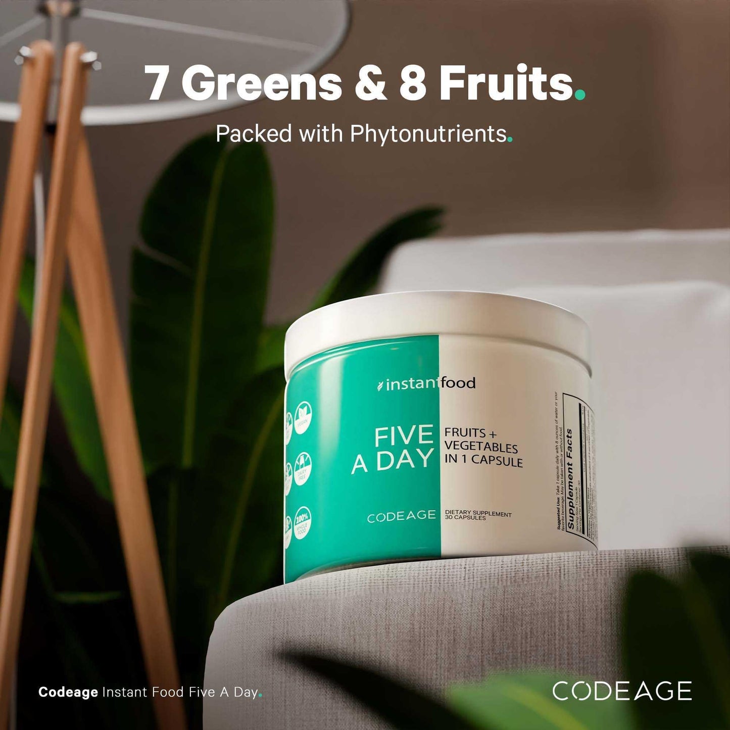 Codeage Instantfood Five A Day Fruits & Vegetables Capsule Supplement, Whole Food Phytonutrients, 15 Fruits and Veggies Blend, Vegan, Non-GMO, 30 Capsules