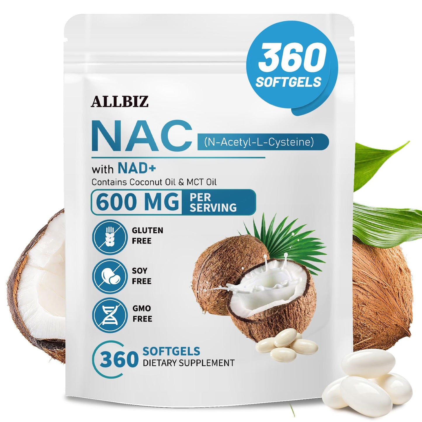 ALLBIZ NAC 600mg with NAD+ & MCT Oil Softgels, 360 Count