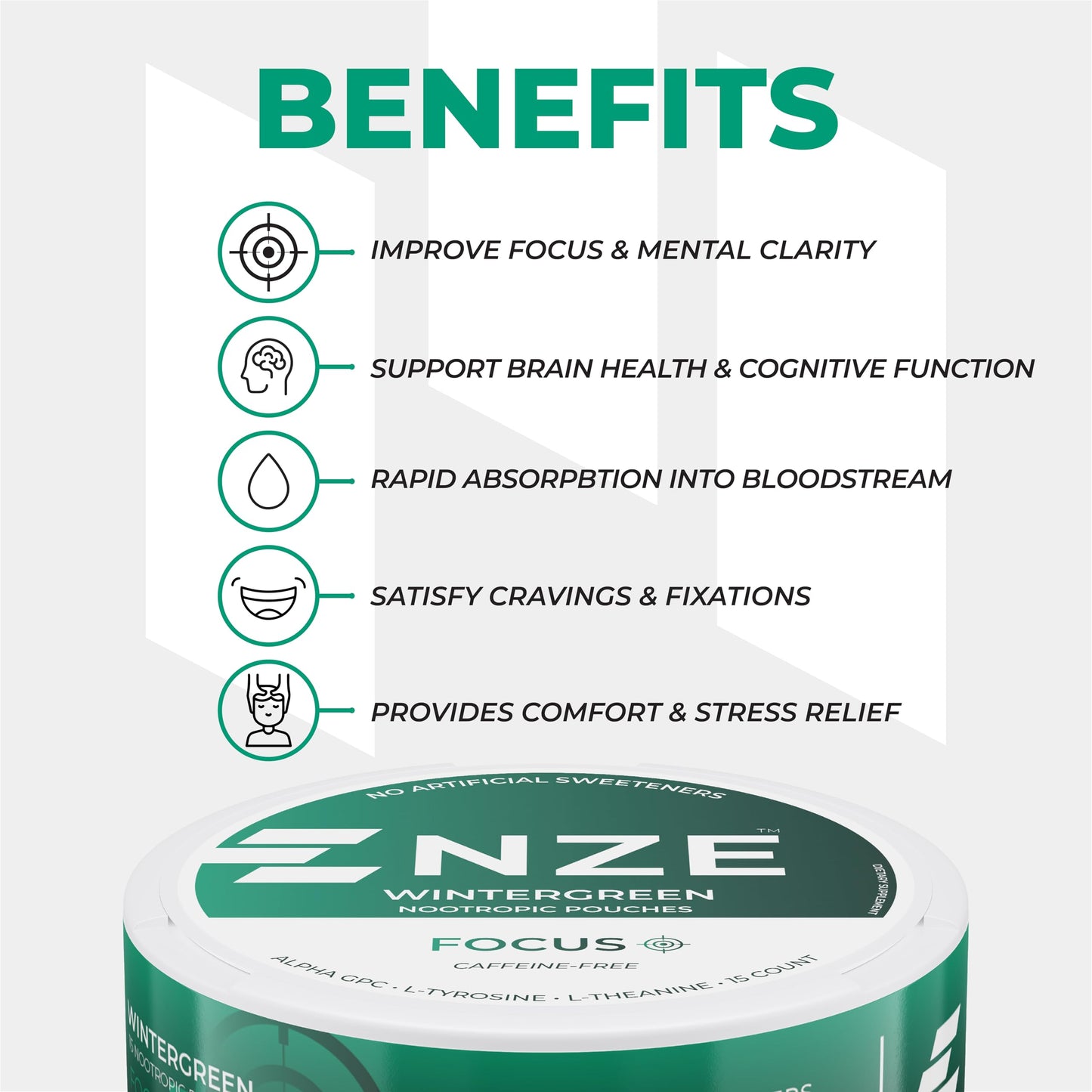 NZE Caffeine Free Nootropic Caplets with Alpha GPC, L-Tyrosine & L-Theanine, Wintergreen, 5 Caplets