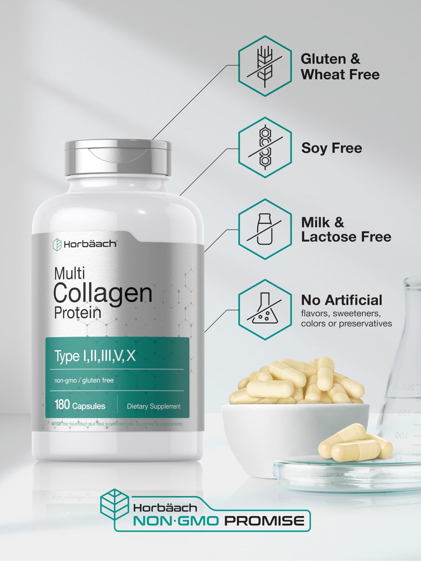 Horbäach Multi Collagen Protein 2000 mg Capsules, 180 Count