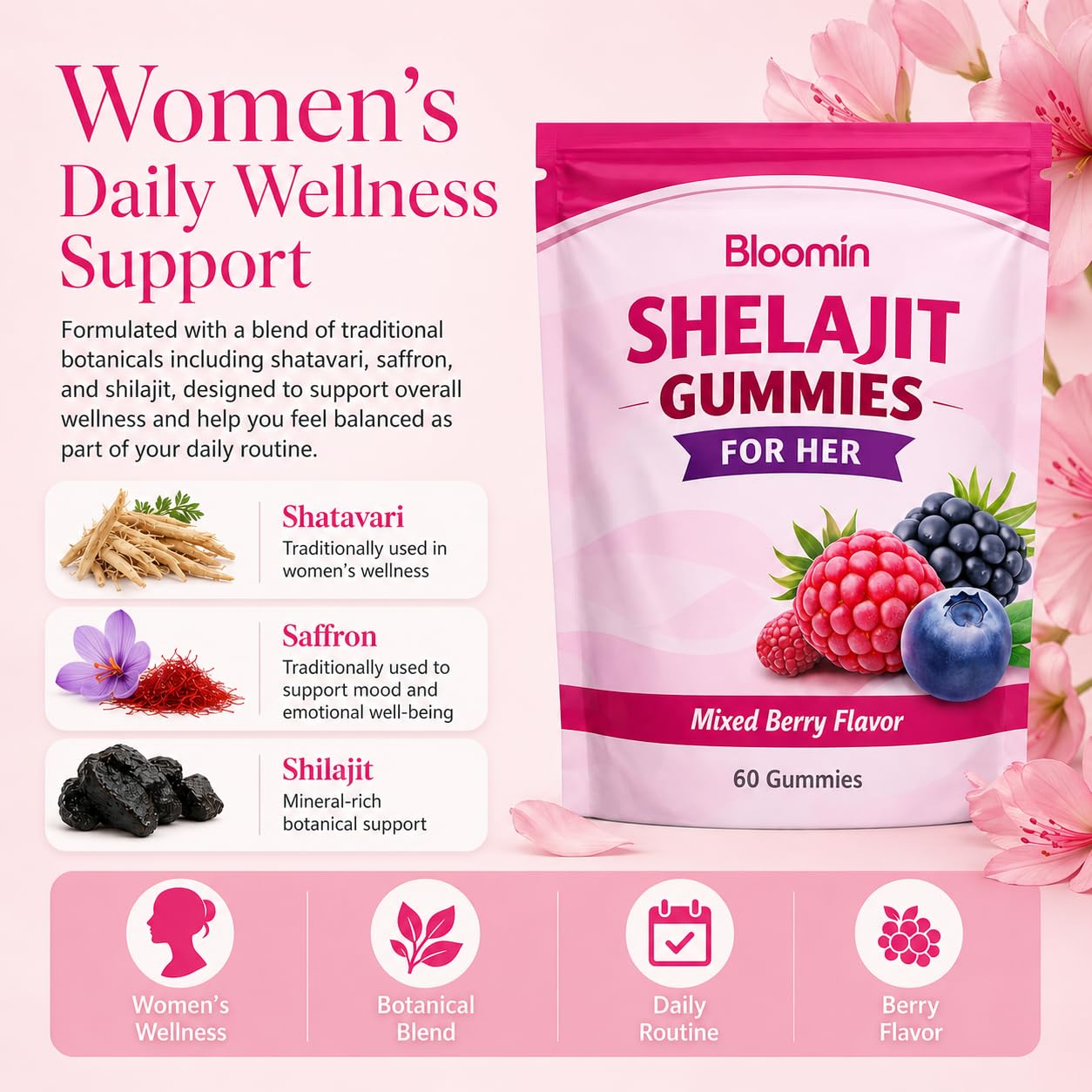 Velura Bloomin Shilajit for Women – Daily Mood, Energy & Vitality Support – Berry Flavor, 30 Gummies