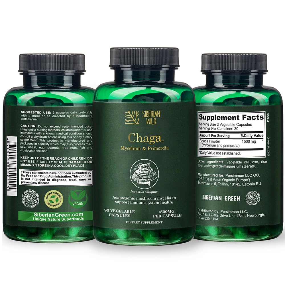 Siberian Wild White Chaga Mycelium Primordia Mushrooms 1500mg Capsules 90 Count