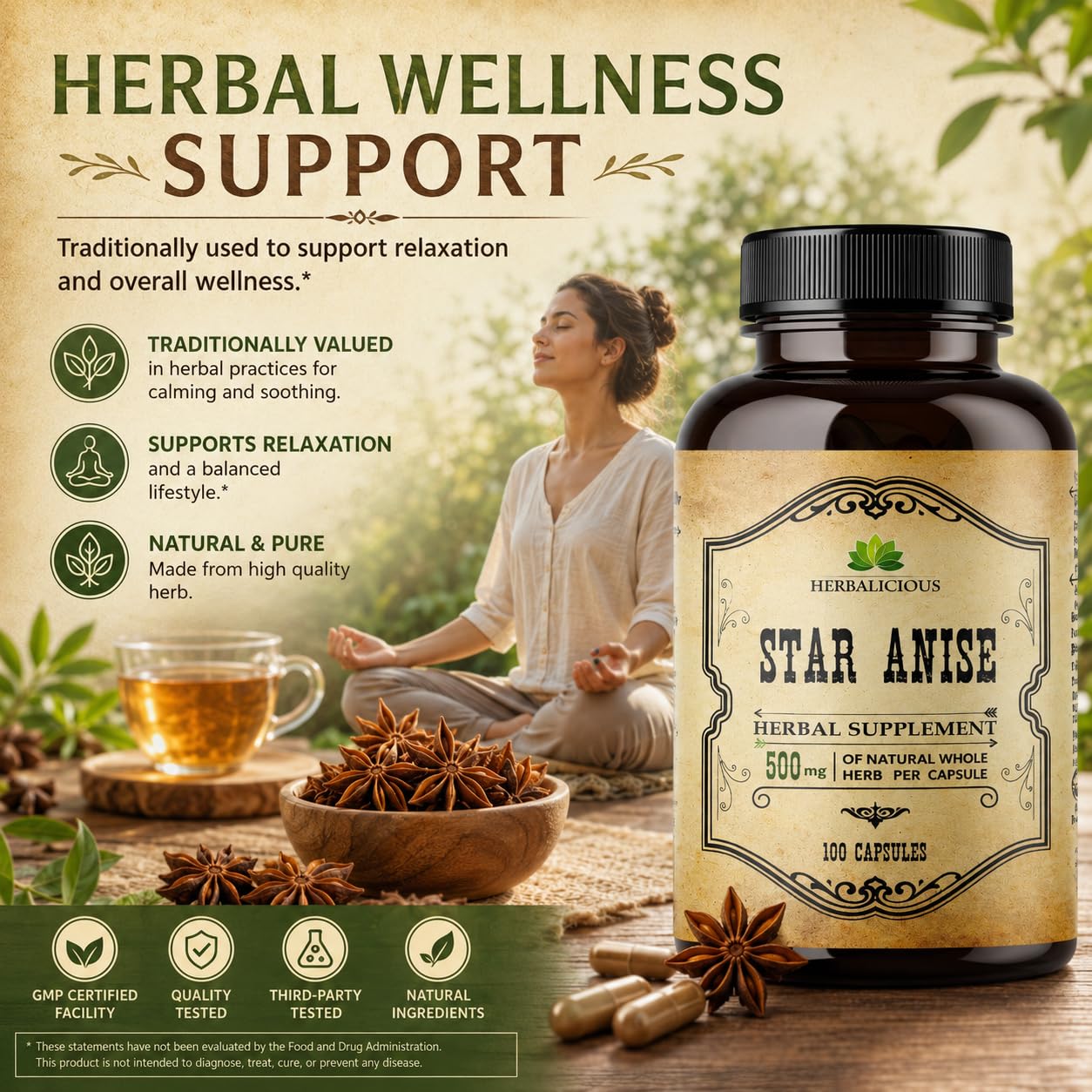 HERBALICIOUS Star Anise Supplement – Organic (Illicium verum) 100 Capsules