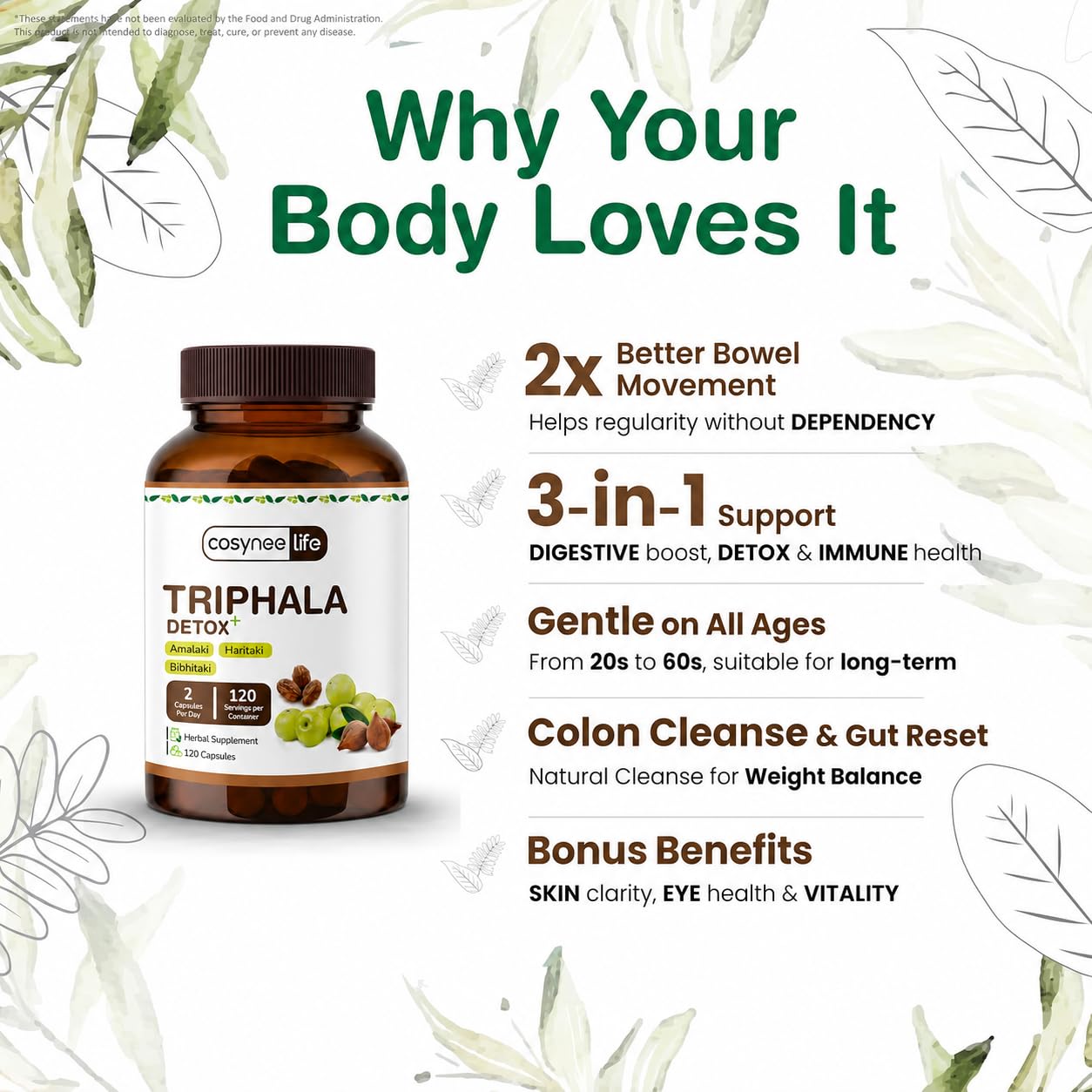 Cosynee Life Triphala Capsules 300 mg (1:1:1 Ratio) with Amla, Haritaki & Bibhitaki, 120 Capsules