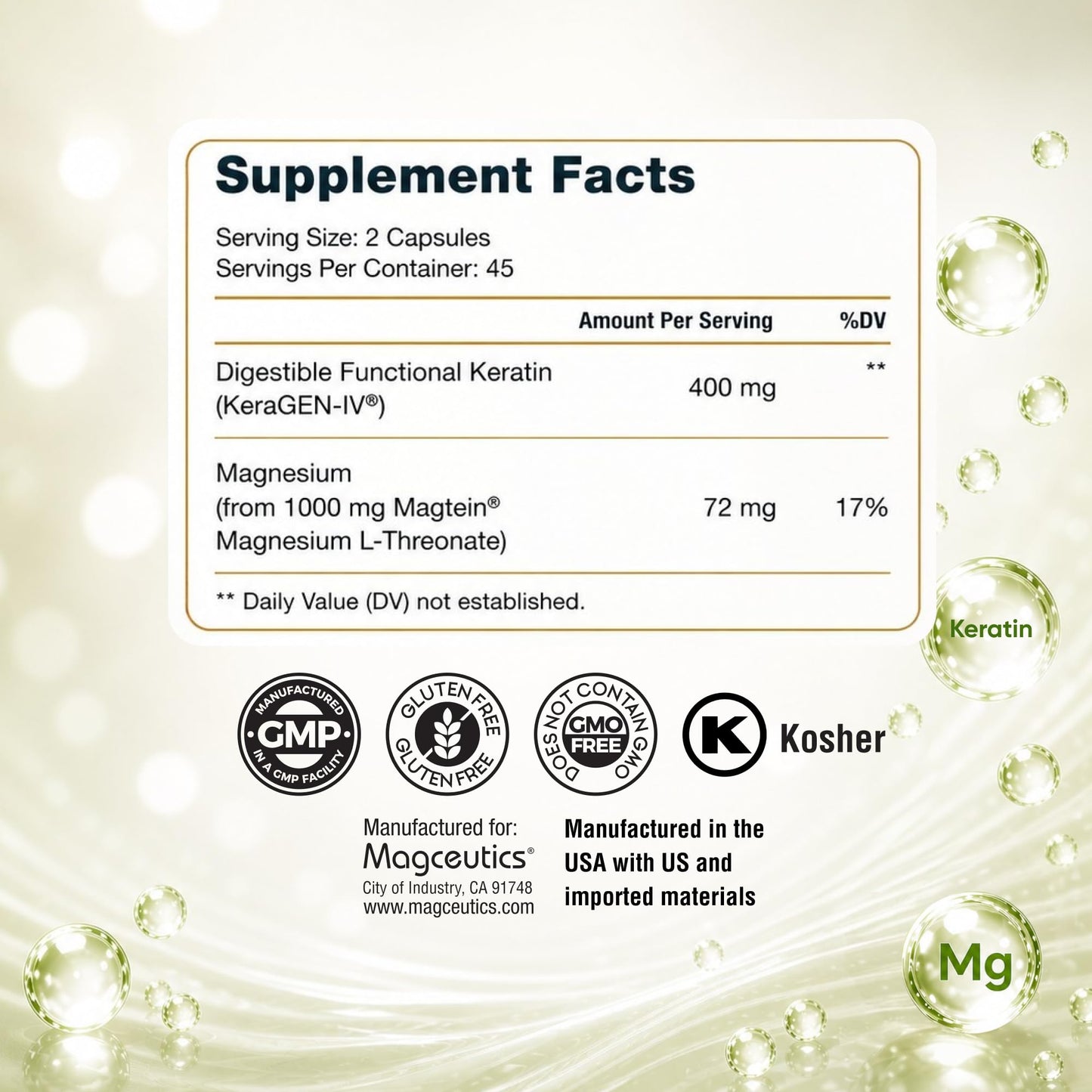 Magceutics KeraMag – Hair, Skin & Nails Support with Digestible Functional Keratin (KeraGEN-IV) & Magtein Magnesium L-Threonate – Clinically Studied, 90 Capsules