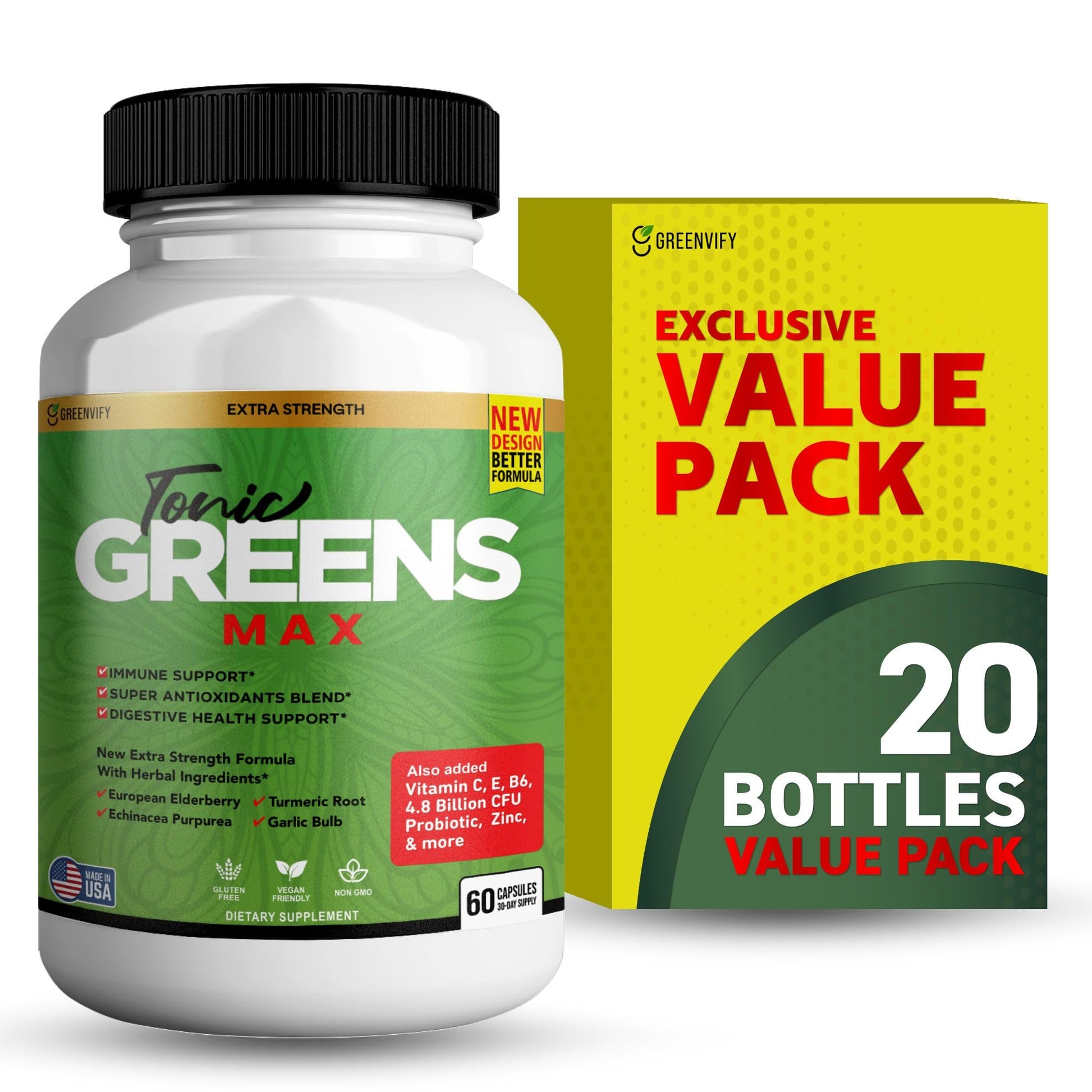 GREENVIFY Tonic Greens Max Extra Strength Immune Support Supplement 60 Capsules