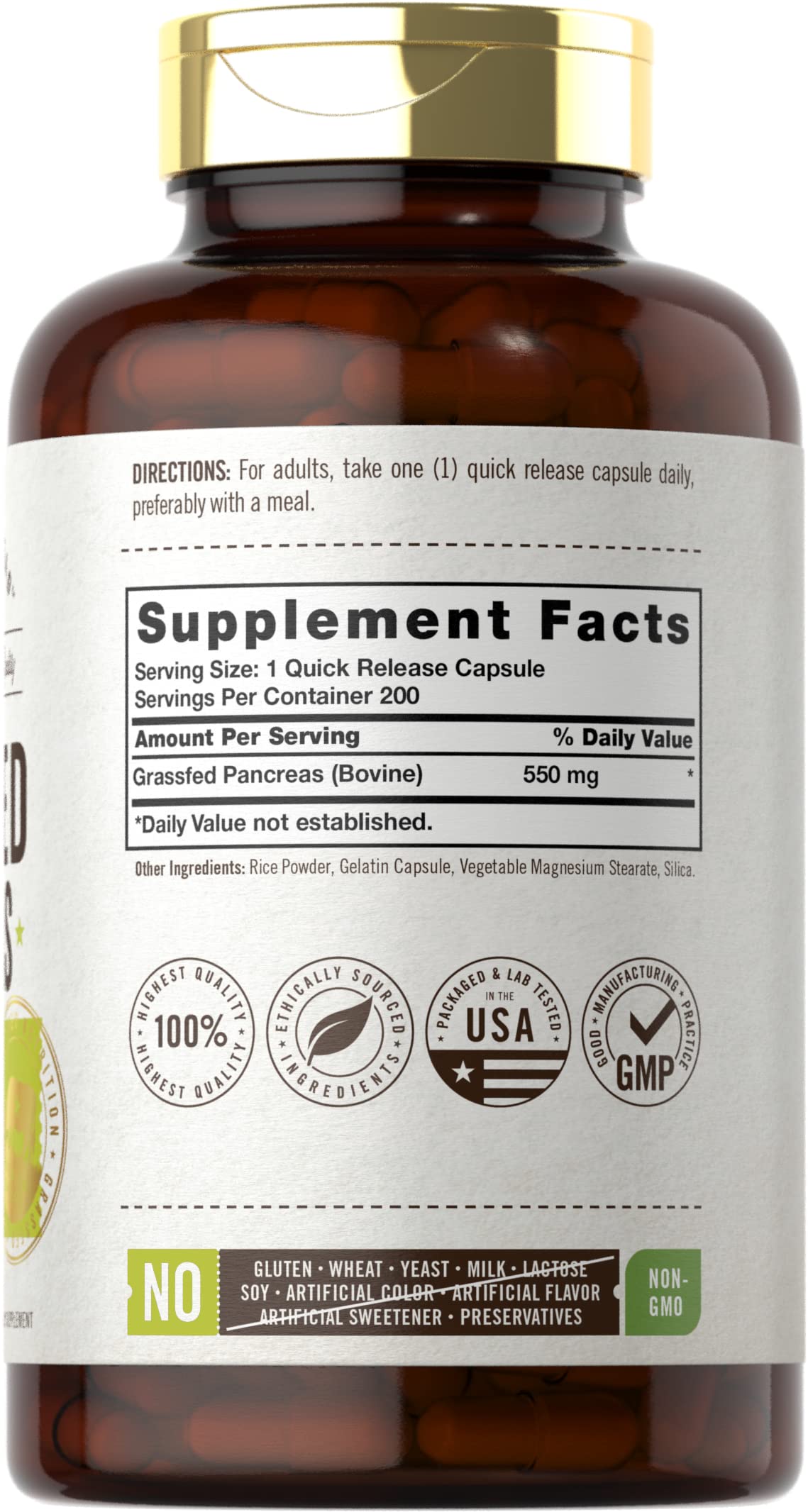 Carlyle Grass Fed Beef Pancreas 550mg Capsules, 200 Count