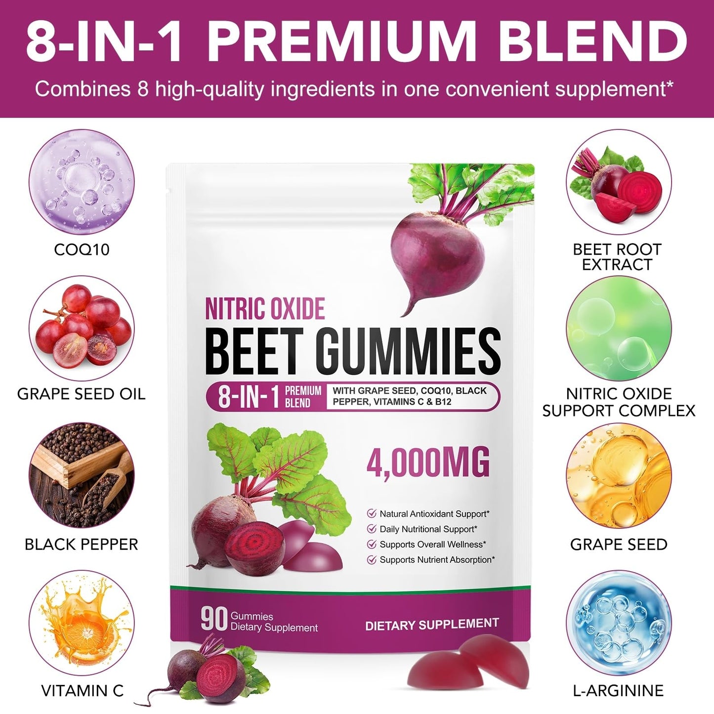ECHTEYUN Super Beetroot Gummies 8 in 1 Beet Root 4,000mg with Grape Seed Extract & CoQ10 Sugar Free, 90 Count