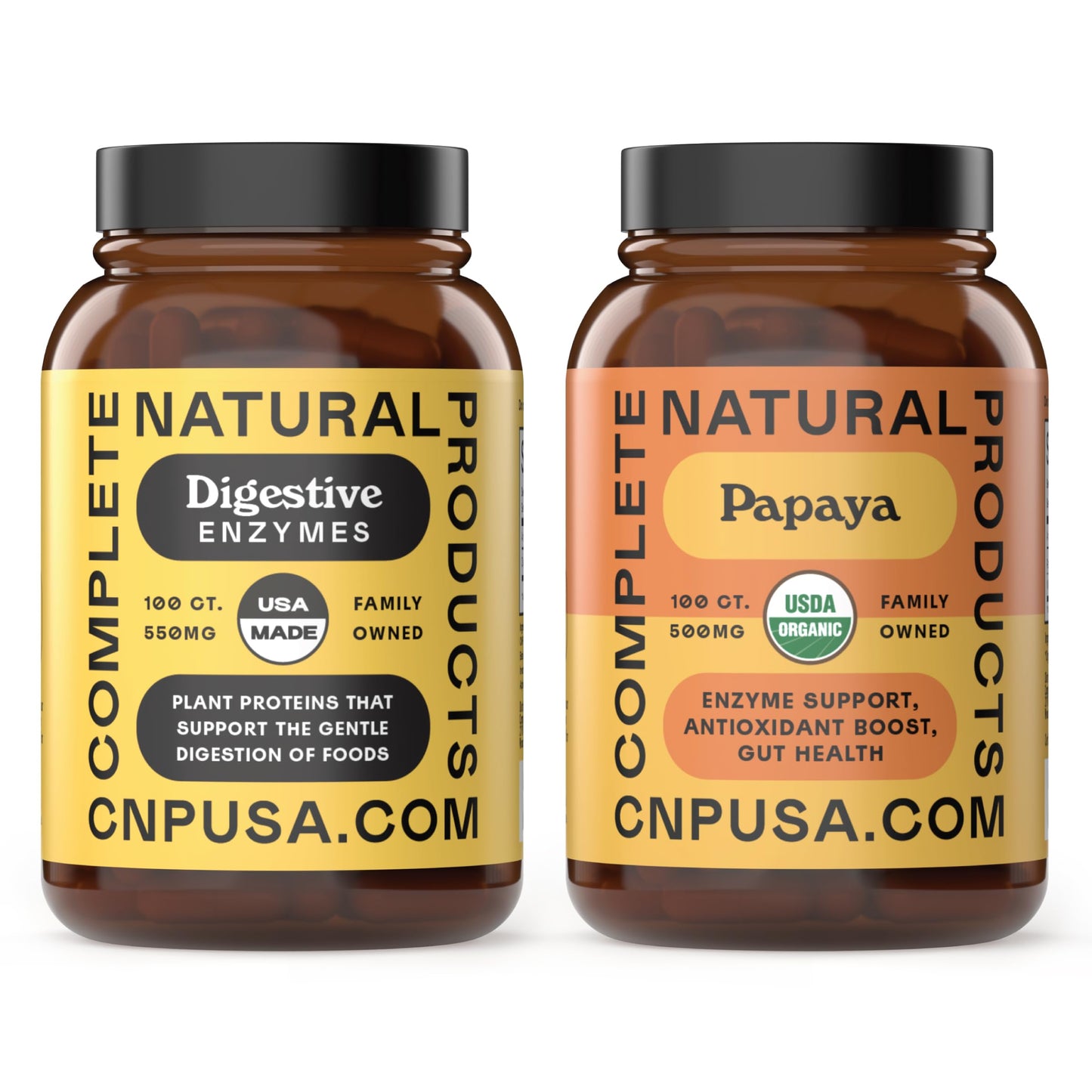Complete Natural Products Organic Papaya Enzymes & Digestive Enzymes 100 Capsules Bundle