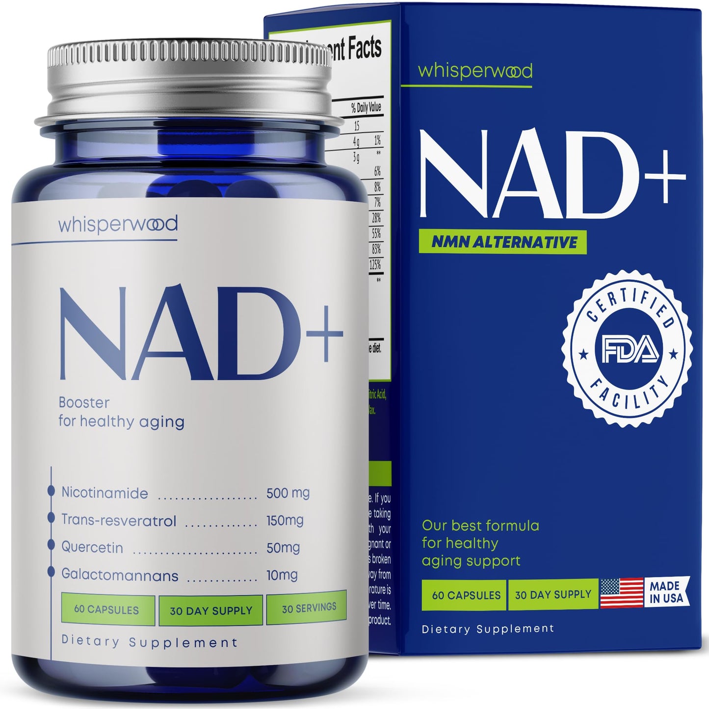 WHISPERWOOD NAD+ Supplement with Nicotinamide Riboside, Trans-Resveratrol & Quercetin, 60 Capsules