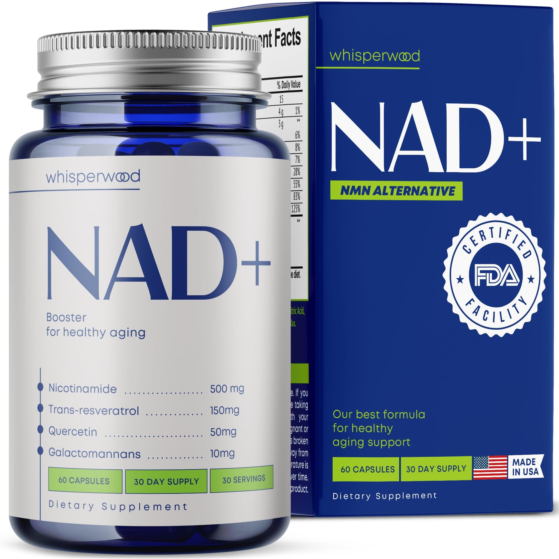 WHISPERWOOD NAD+ Supplement with Nicotinamide Riboside, Trans-Resveratrol & Quercetin, 60 Capsules