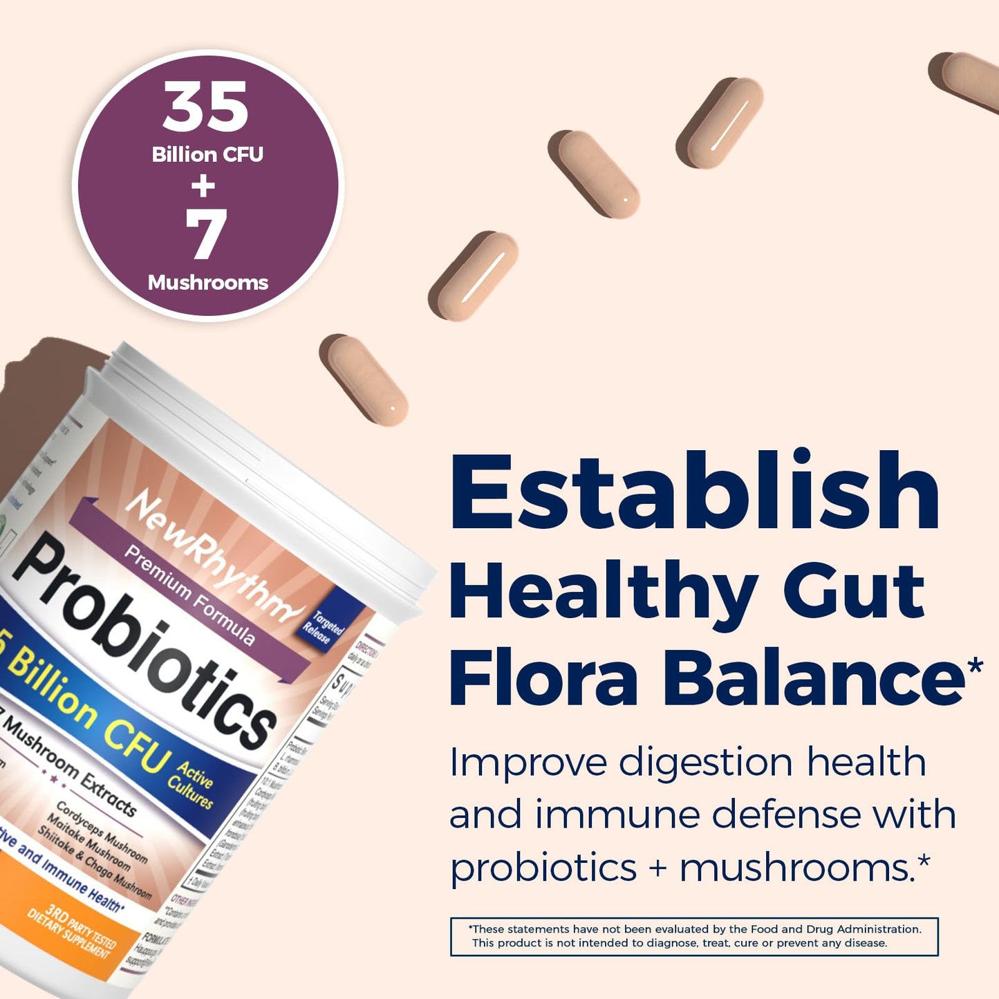 NewRhythm Probiotics 35 Billion CFU Mushroom Probiotics Supplement, Capsule, 30 Count