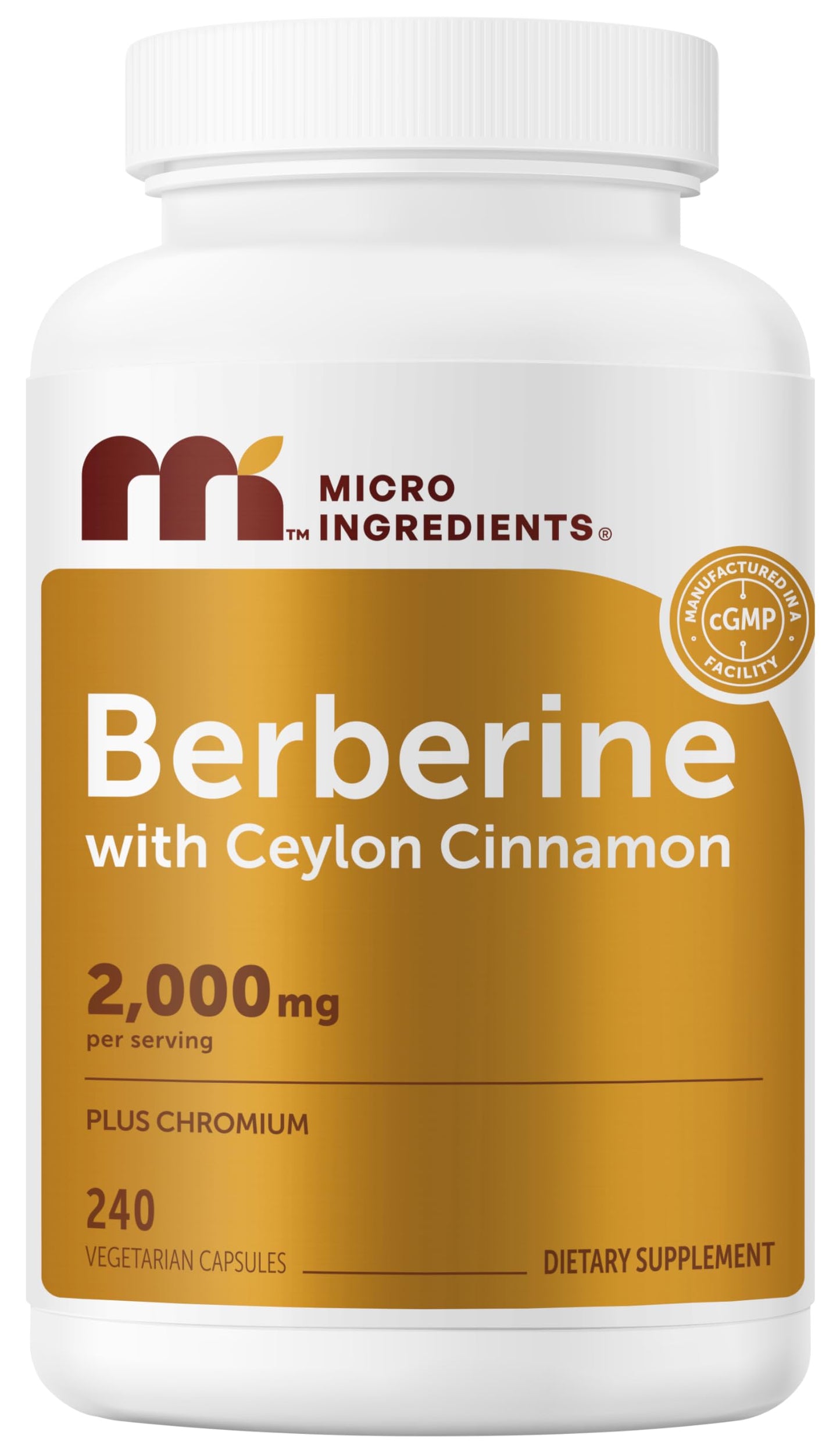Micro Ingredients Berberine with Chromium Picolinate & Ceylon Cinnamon 2,000 mg Per Serving Capsule 240 Count