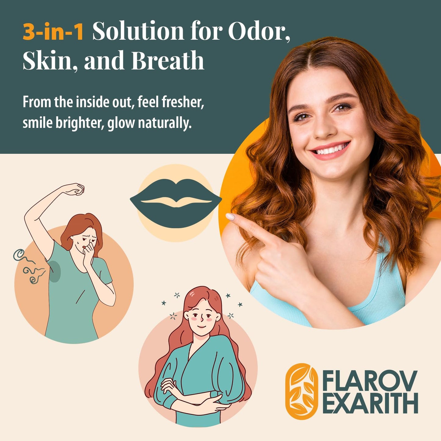 Flarovexarith Chlorophyll Women's Body Deodorizing Supplement for Body Odor, Fresh Breath & Gut Detox, Vegan with Matcha Green Tea, Apple Cider Vinegar, 60 Capsules